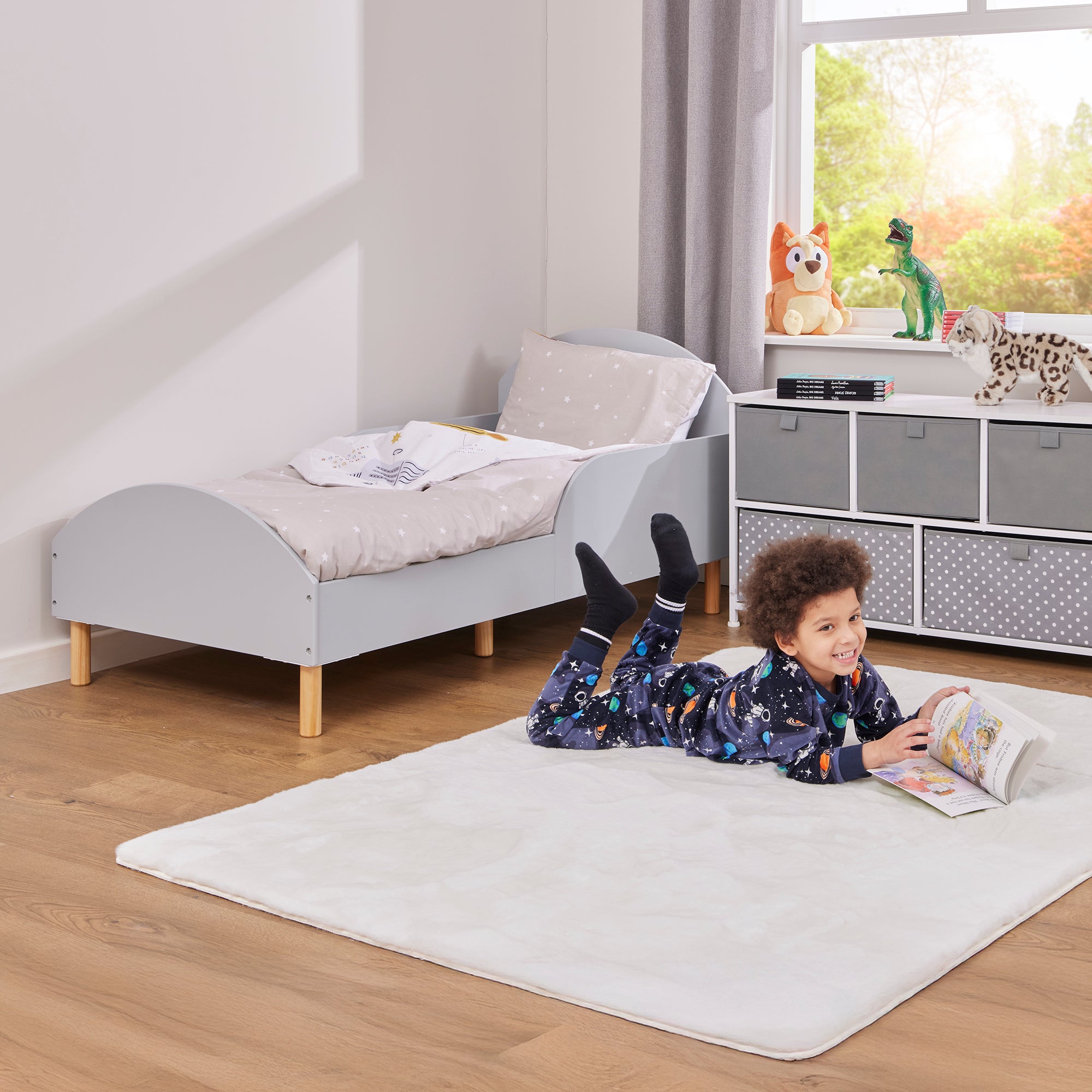 Kids Grey Toddler Bed with Safety Rails (18 Months – 5 Years)