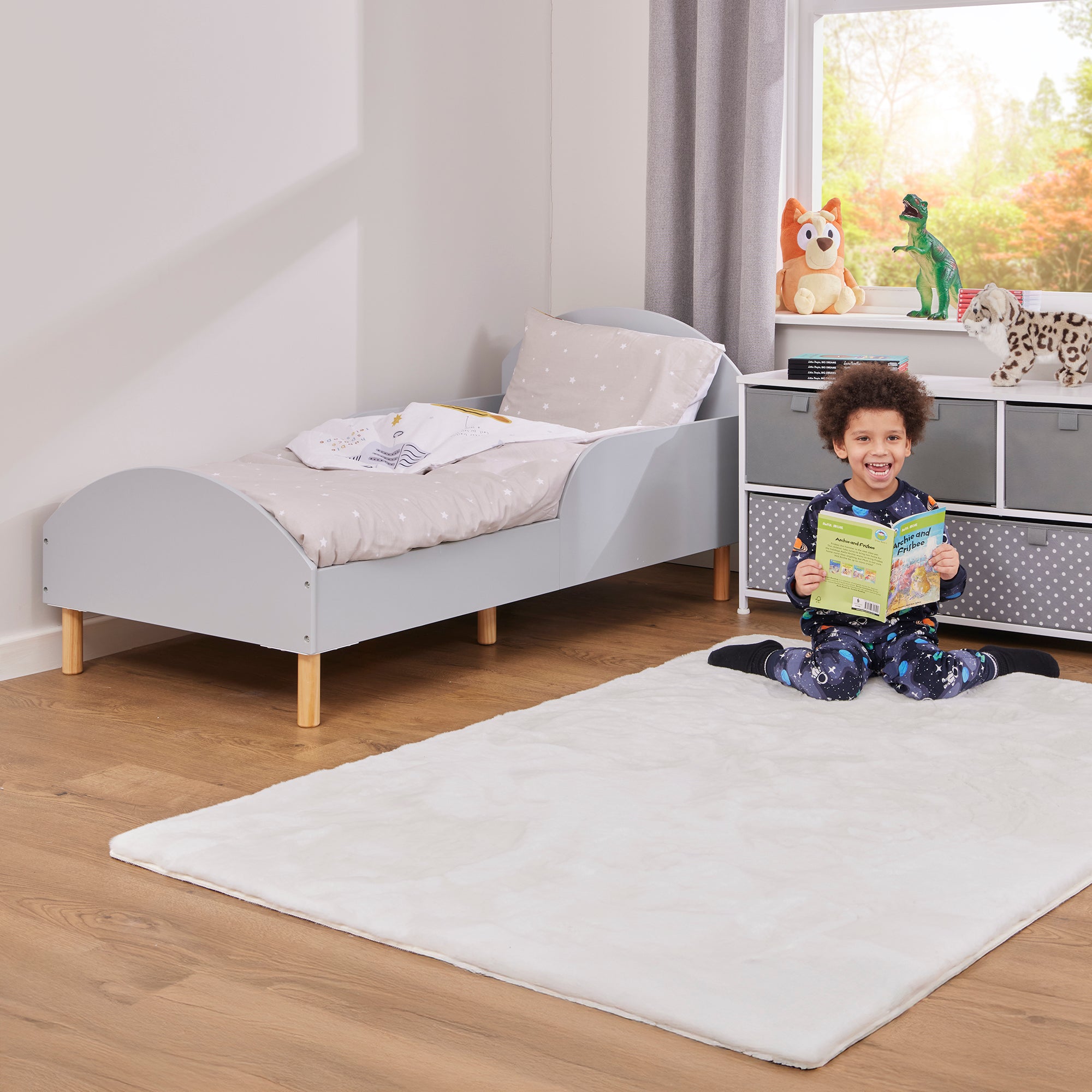 Kids Grey Toddler Bed with Safety Rails (18 Months – 5 Years)