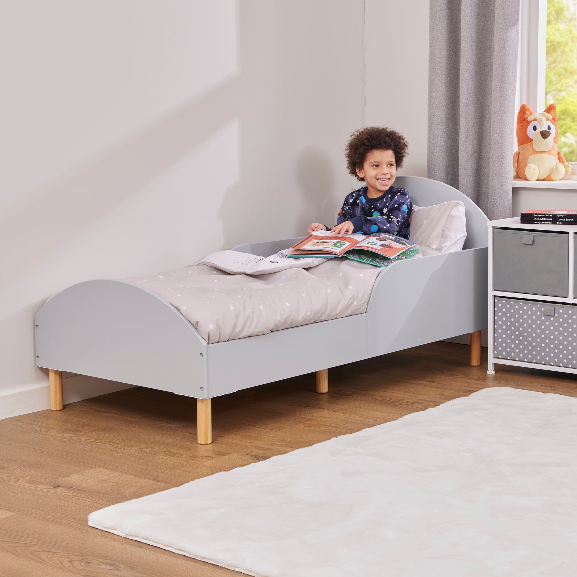 Kids Grey Toddler Bed with Safety Rails (18 Months – 5 Years)