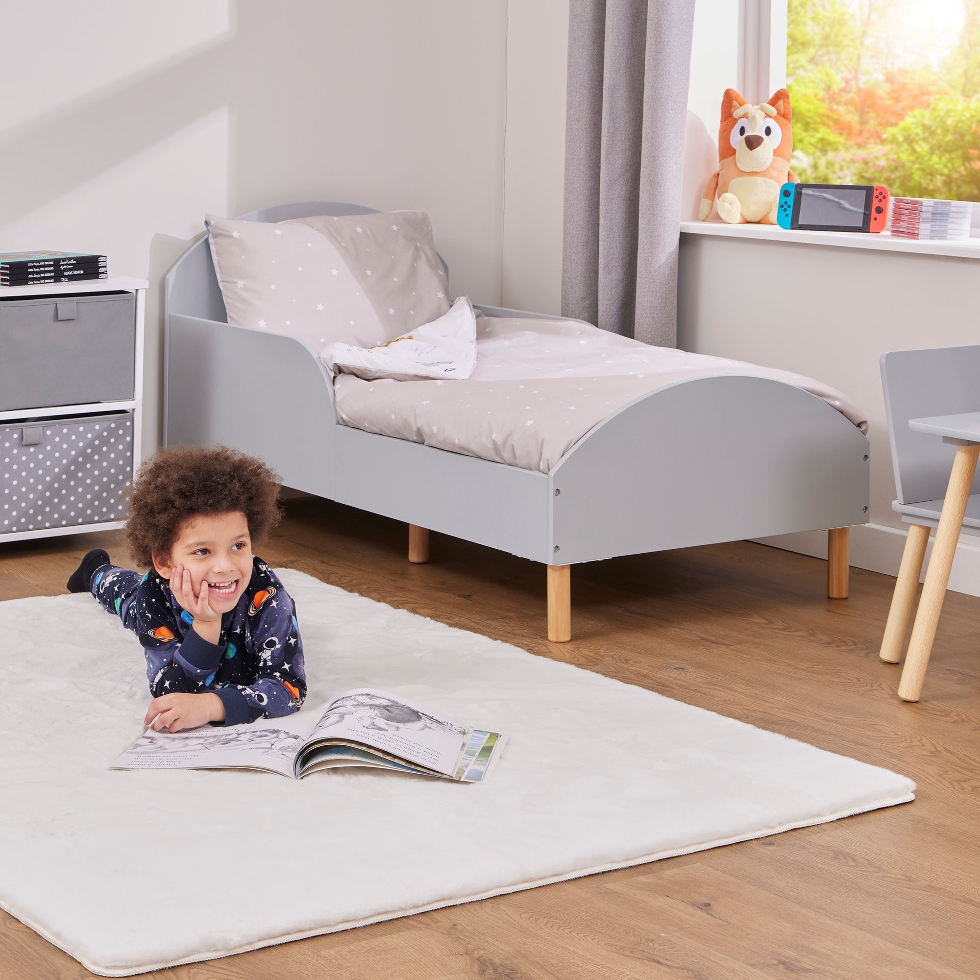 Kids Grey Toddler Bed with Safety Rails (18 Months – 5 Years)