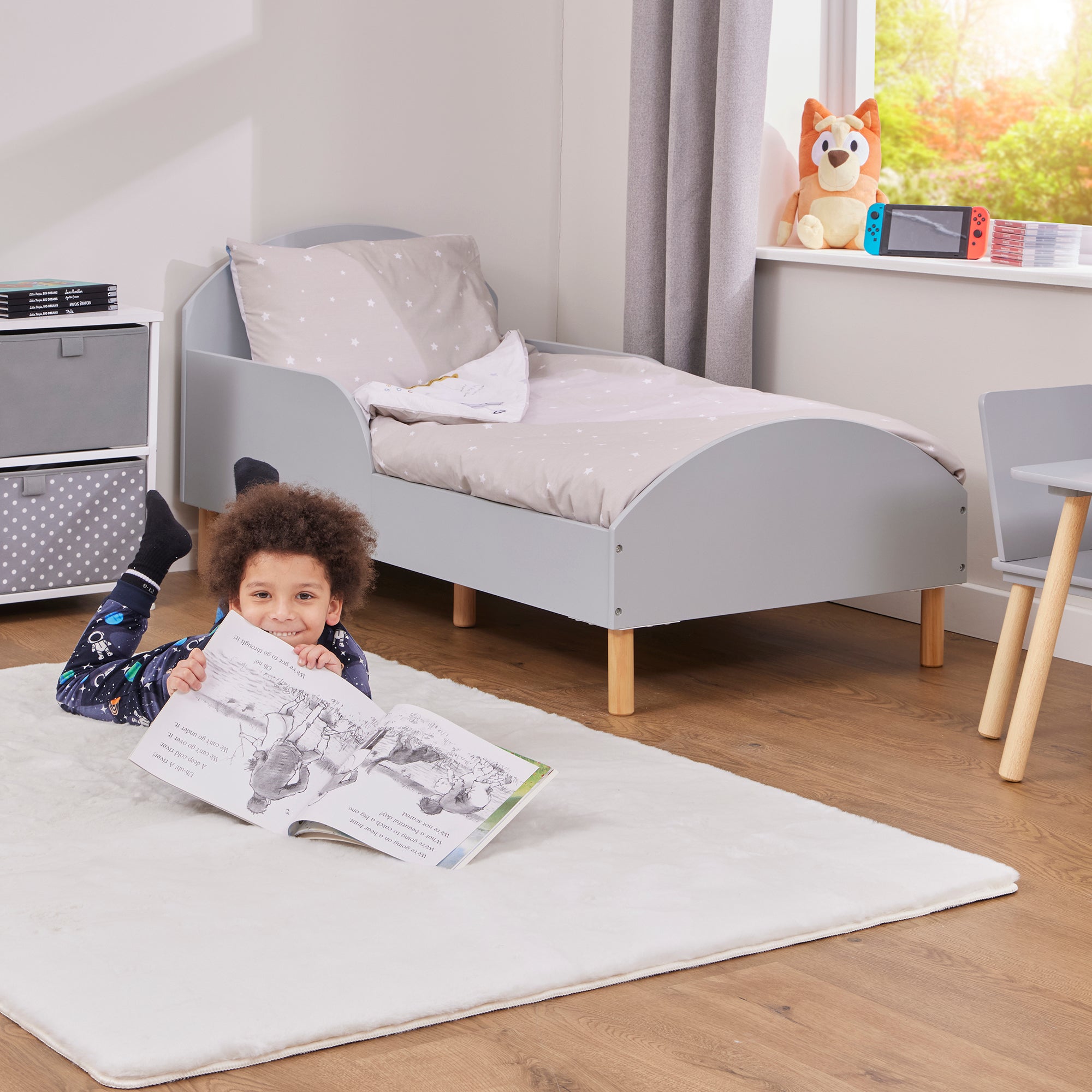 Kids Grey Toddler Bed with Safety Rails (18 Months – 5 Years)