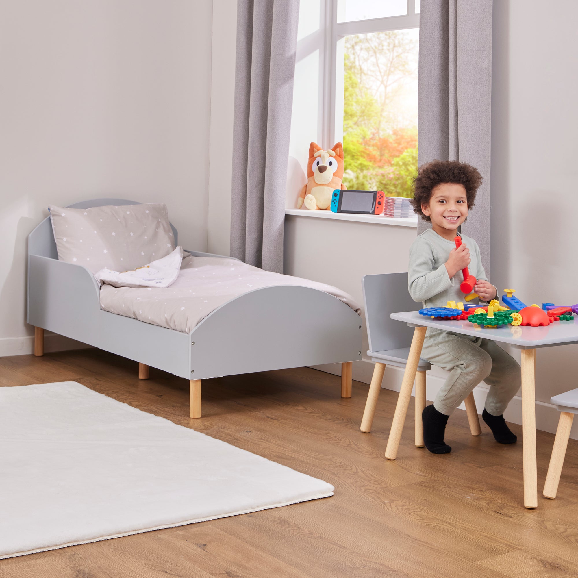 Kids Grey Toddler Bed with Safety Rails (18 Months – 5 Years)