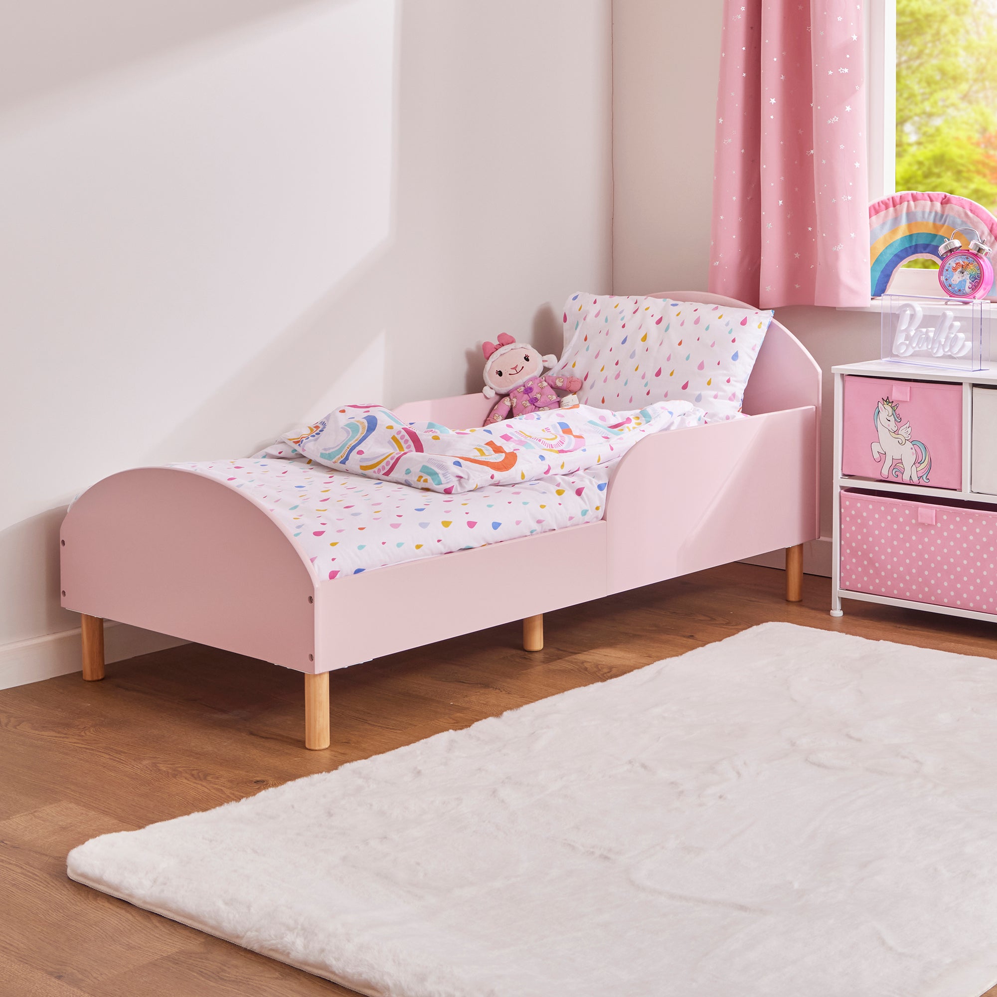 Kids Pink Toddler Bed with Safety Rails (18 Months – 5 Years)