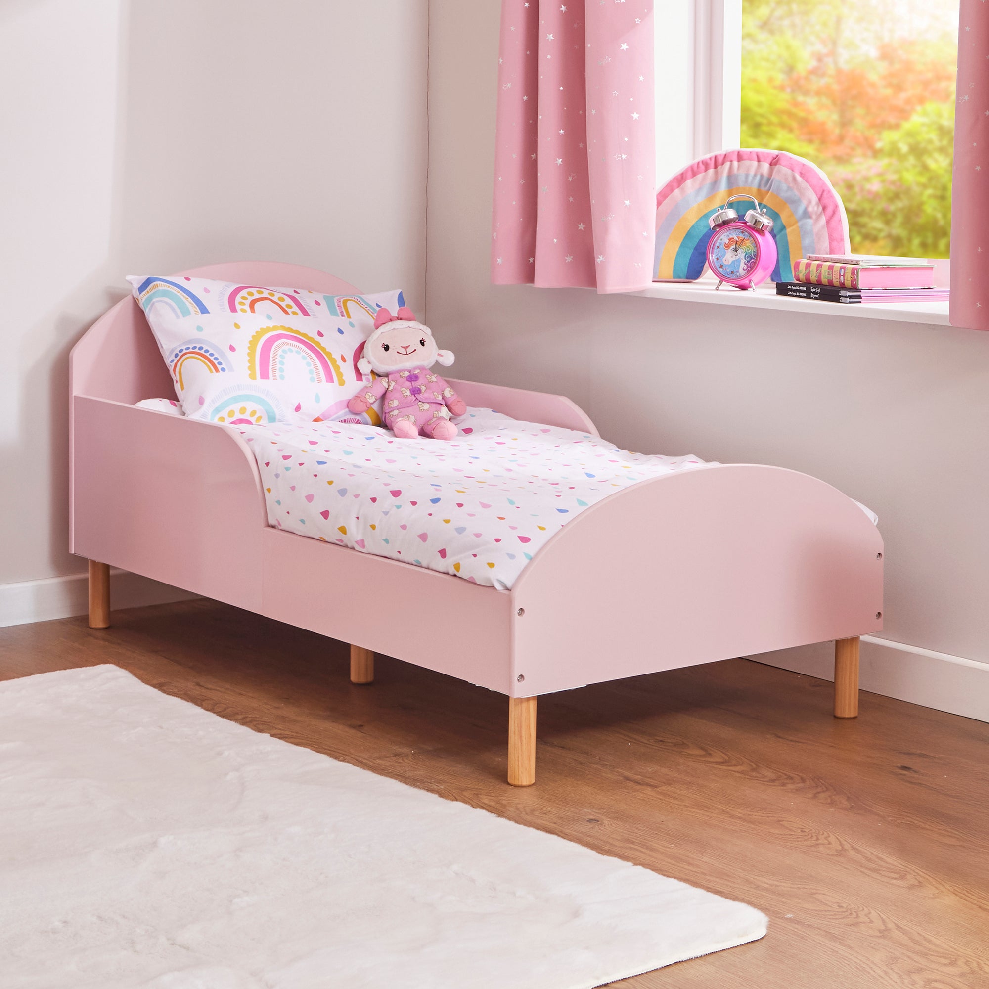 Kids Pink Toddler Bed with Safety Rails (18 Months – 5 Years)