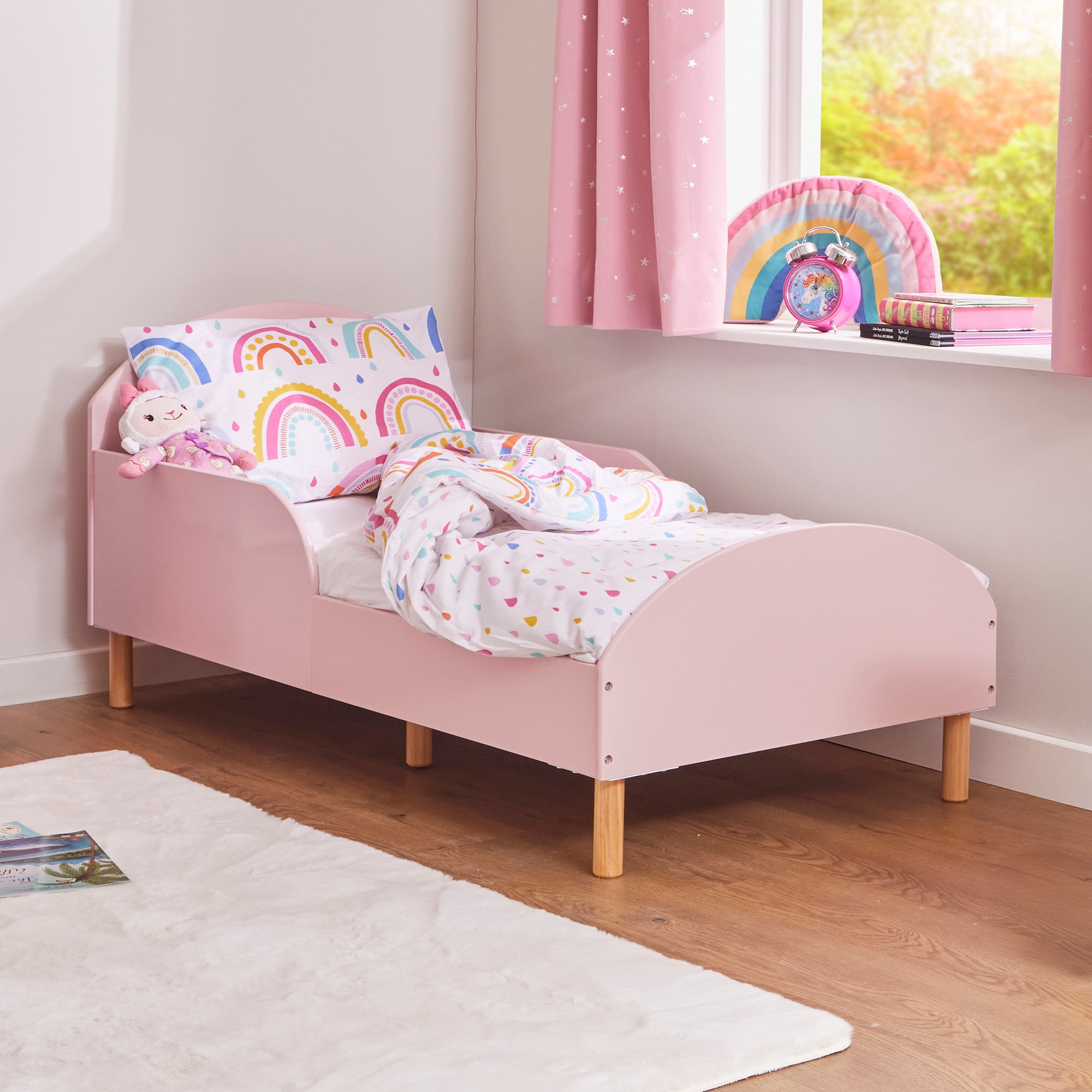 Kids Pink Toddler Bed with Safety Rails (18 Months – 5 Years)