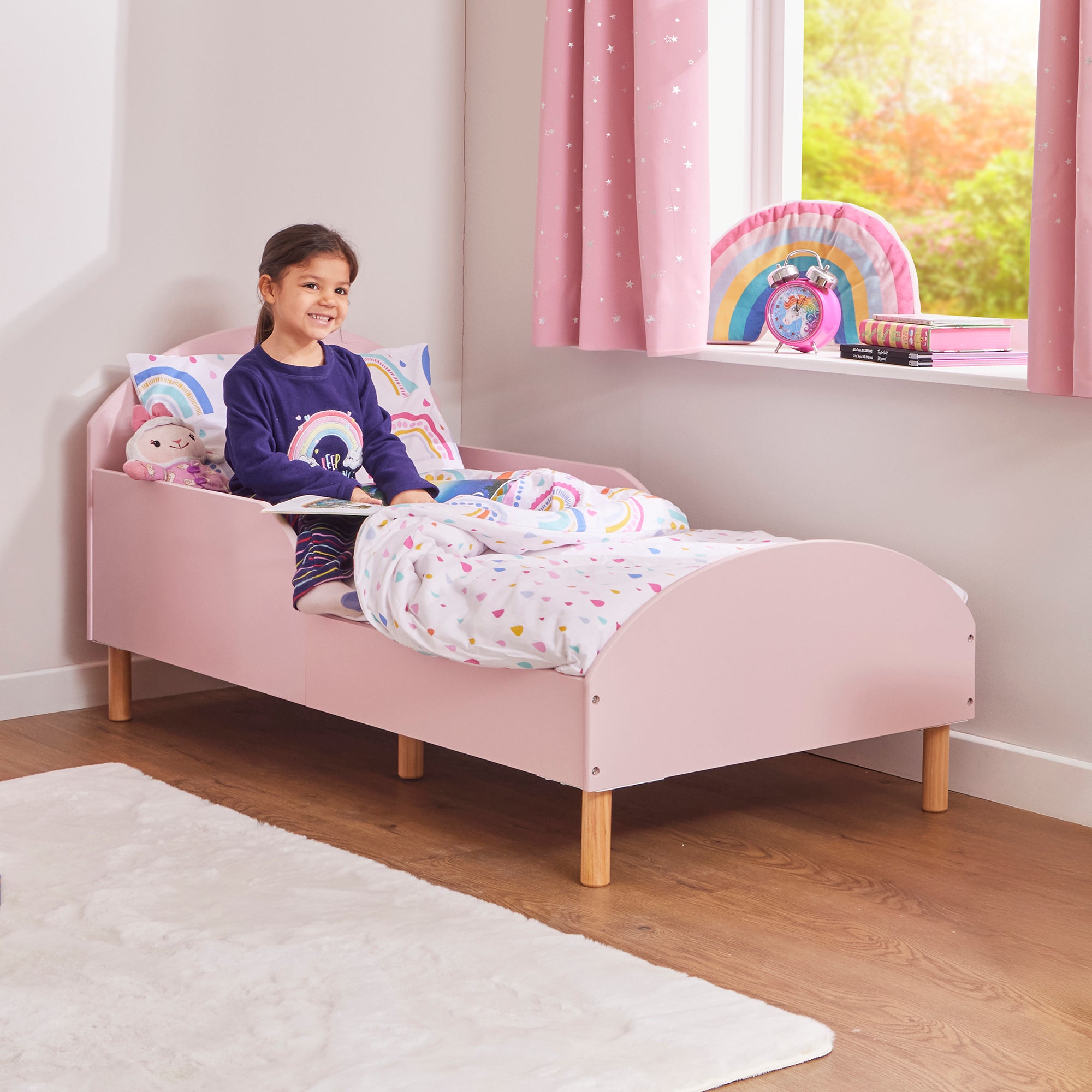 Kids Pink Toddler Bed with Safety Rails (18 Months – 5 Years)