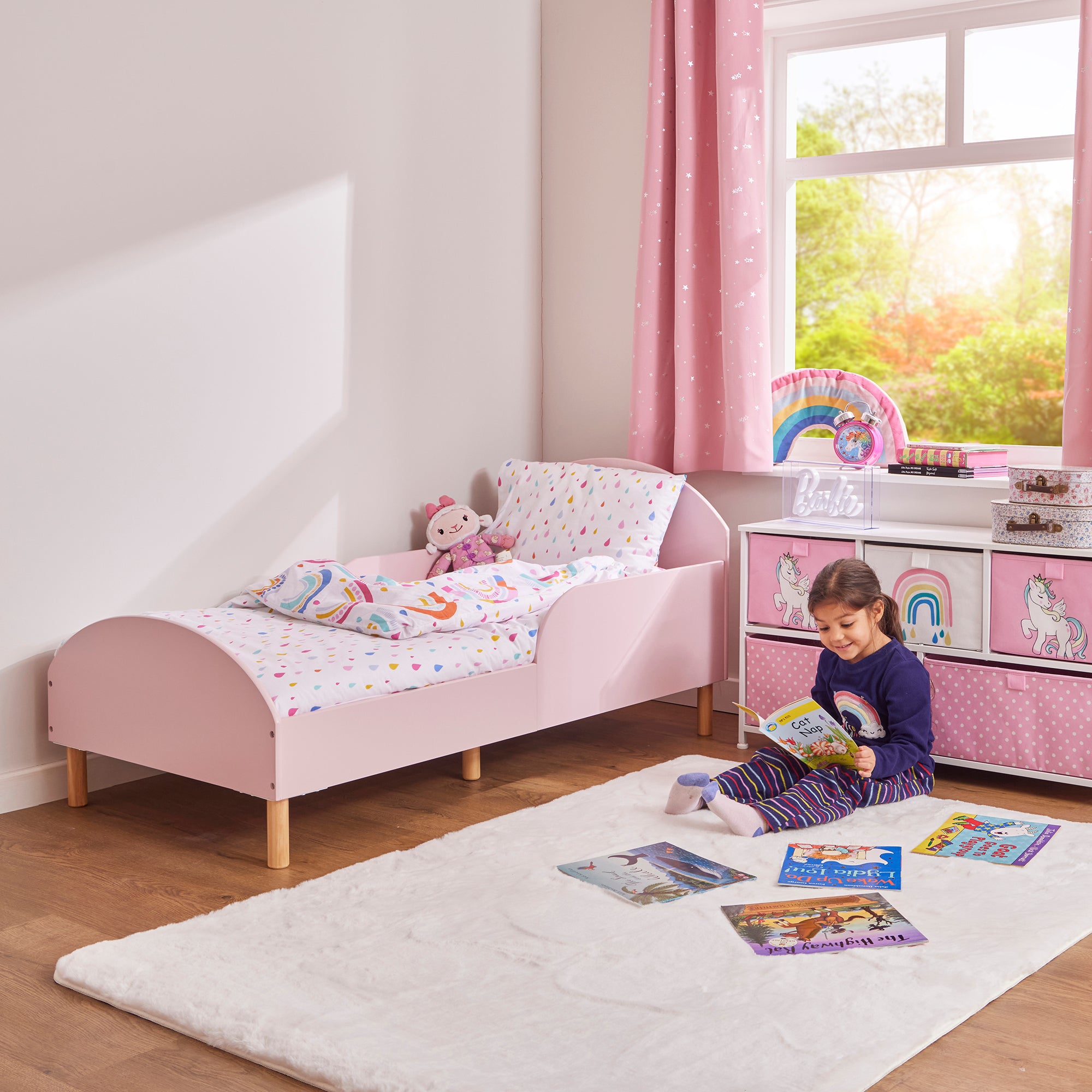 Kids Pink Toddler Bed with Safety Rails (18 Months – 5 Years)