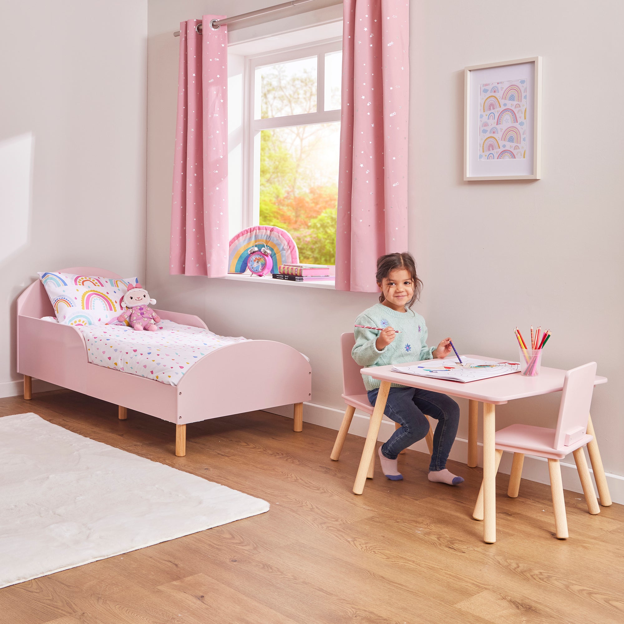 Kids Pink Toddler Bed with Safety Rails (18 Months – 5 Years)