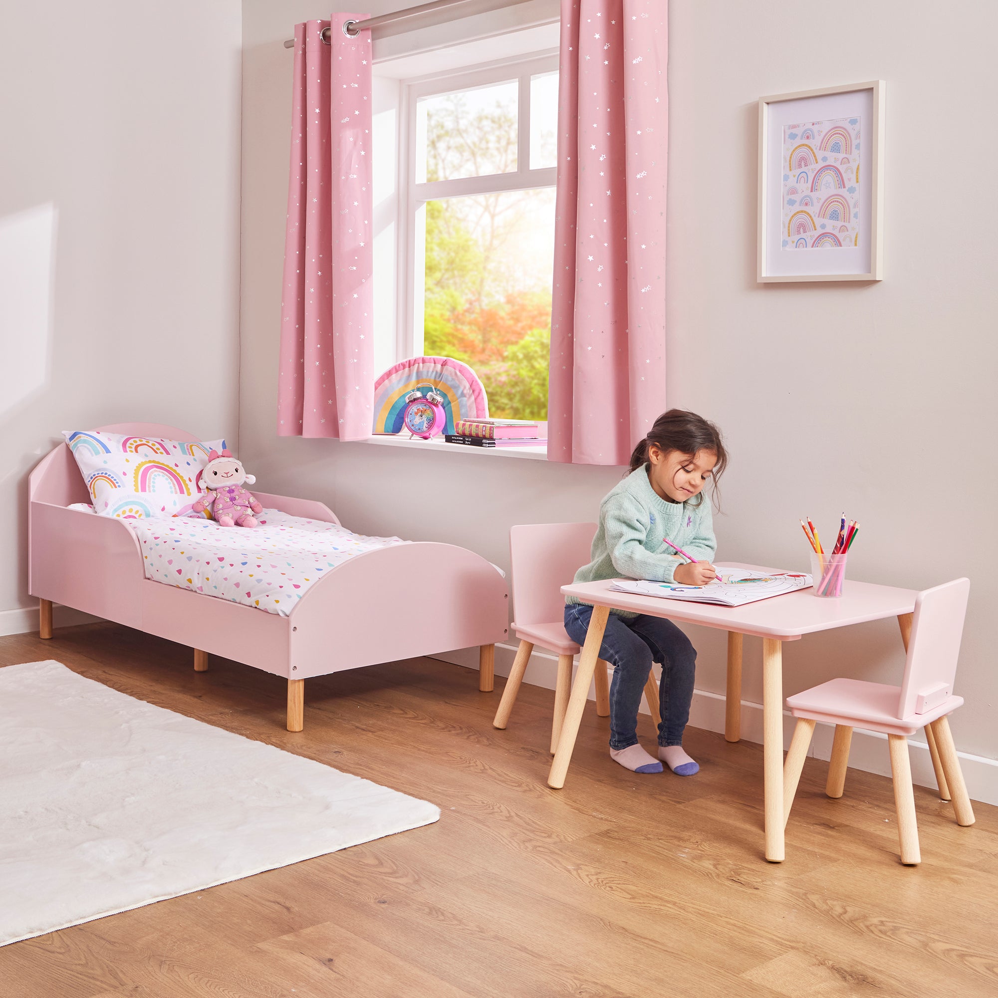 Kids Pink Toddler Bed with Safety Rails (18 Months – 5 Years)