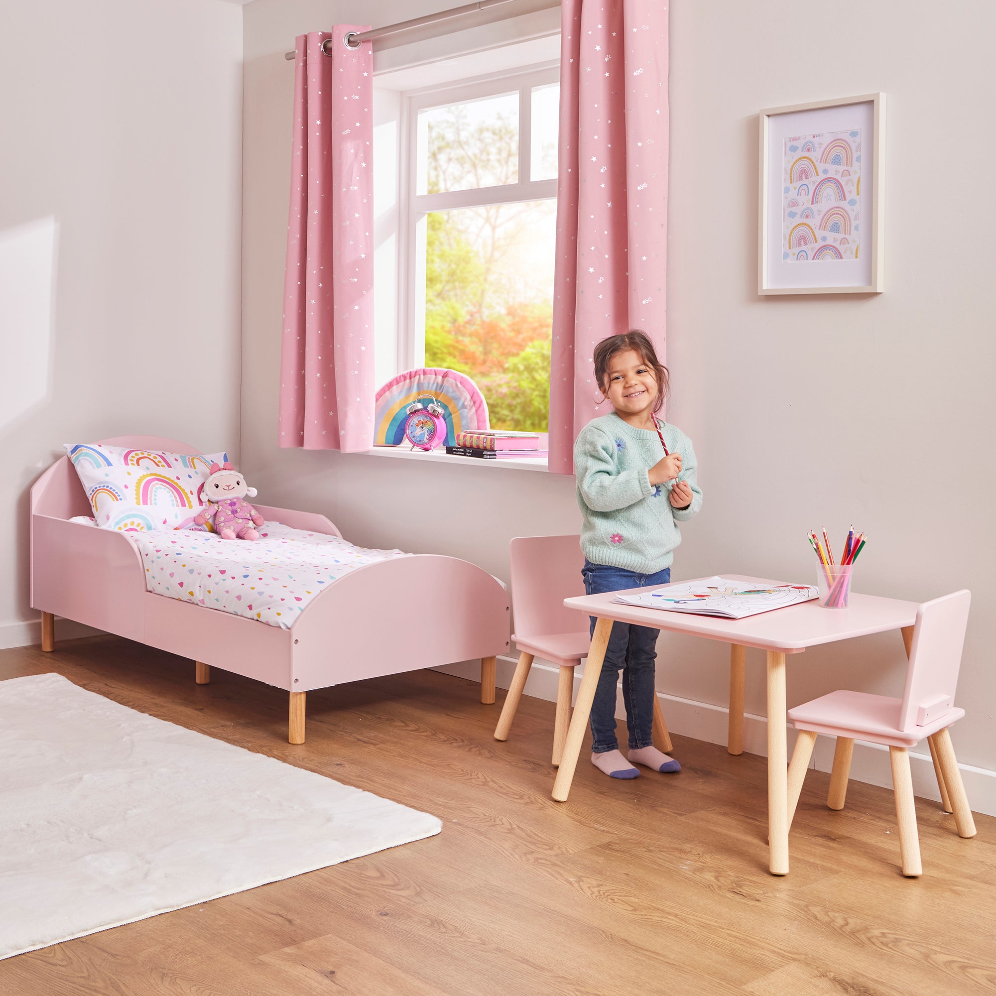 Kids Pink Toddler Bed with Safety Rails (18 Months – 5 Years)