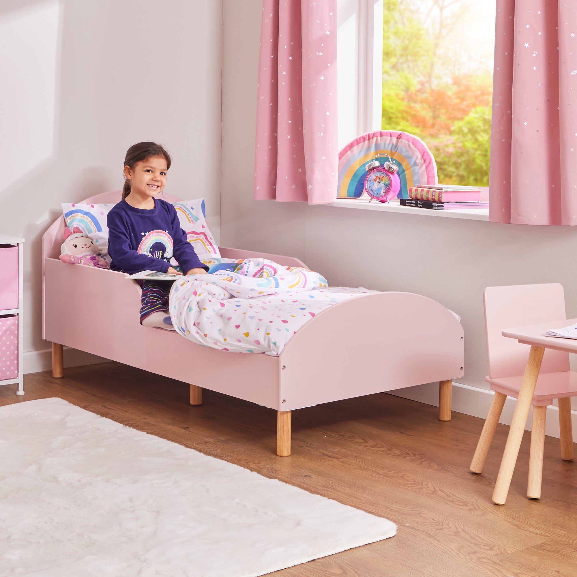 Kids Pink Toddler Bed with Safety Rails (18 Months – 5 Years)