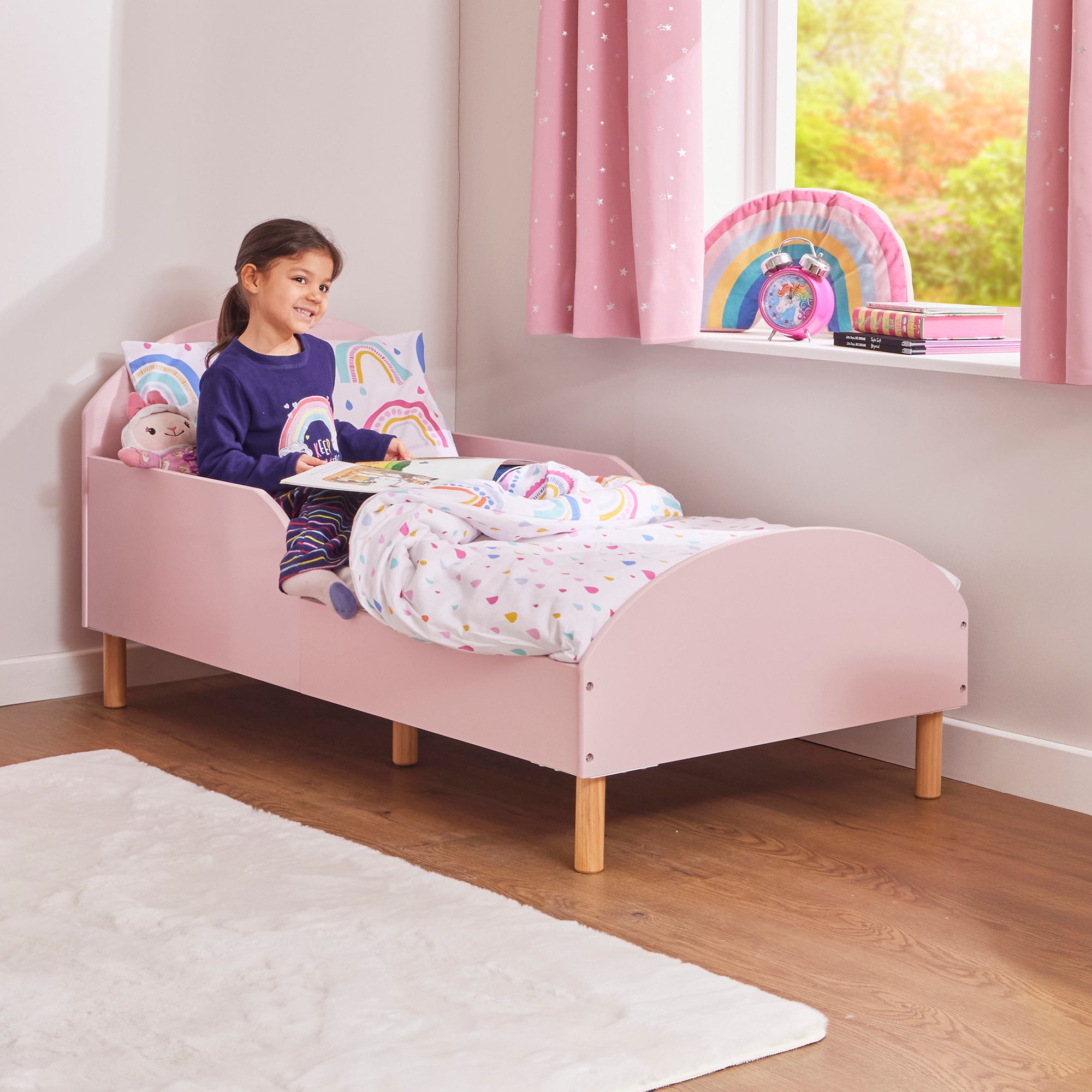 Kids Pink Toddler Bed with Safety Rails (18 Months – 5 Years)