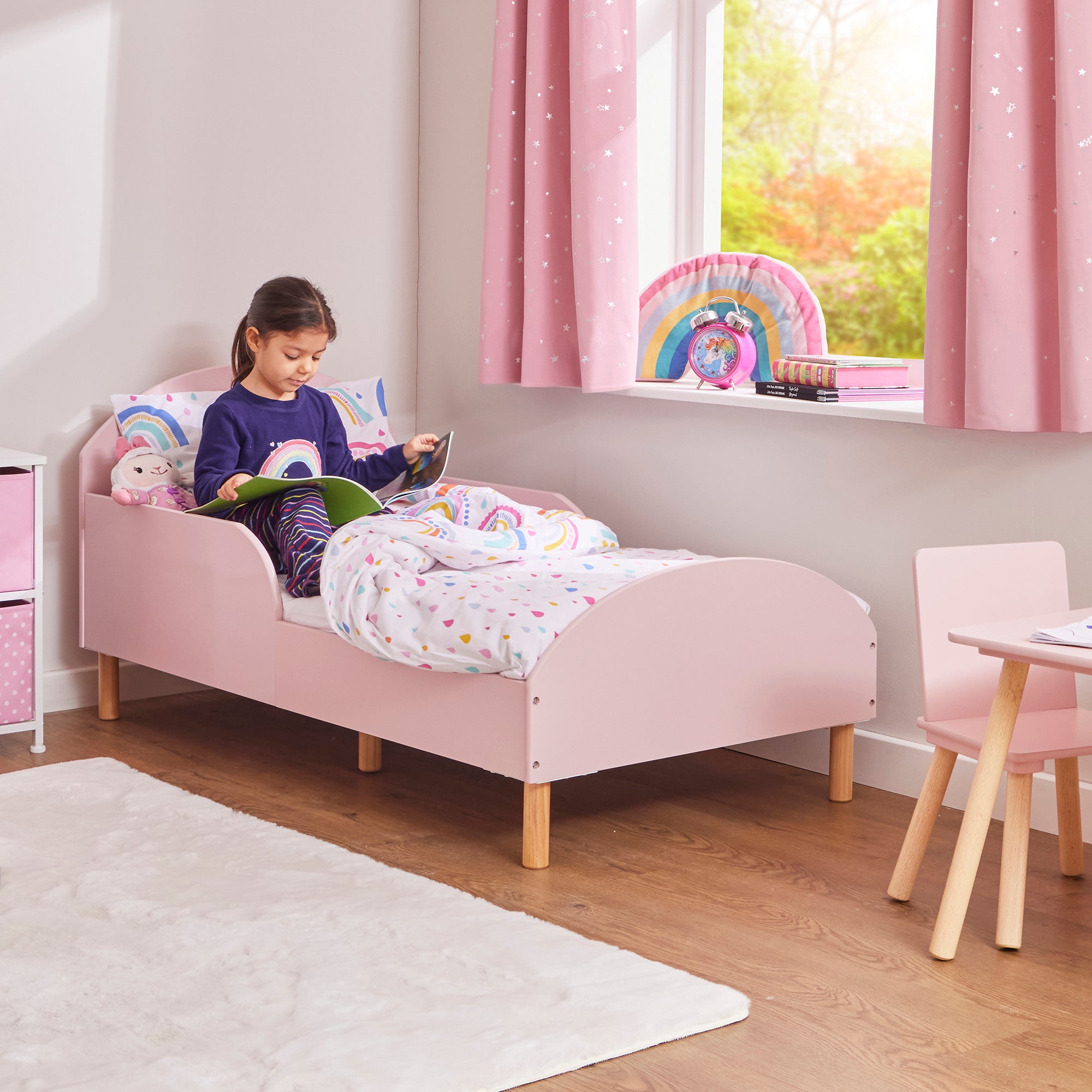 Kids Pink Toddler Bed with Safety Rails (18 Months – 5 Years)