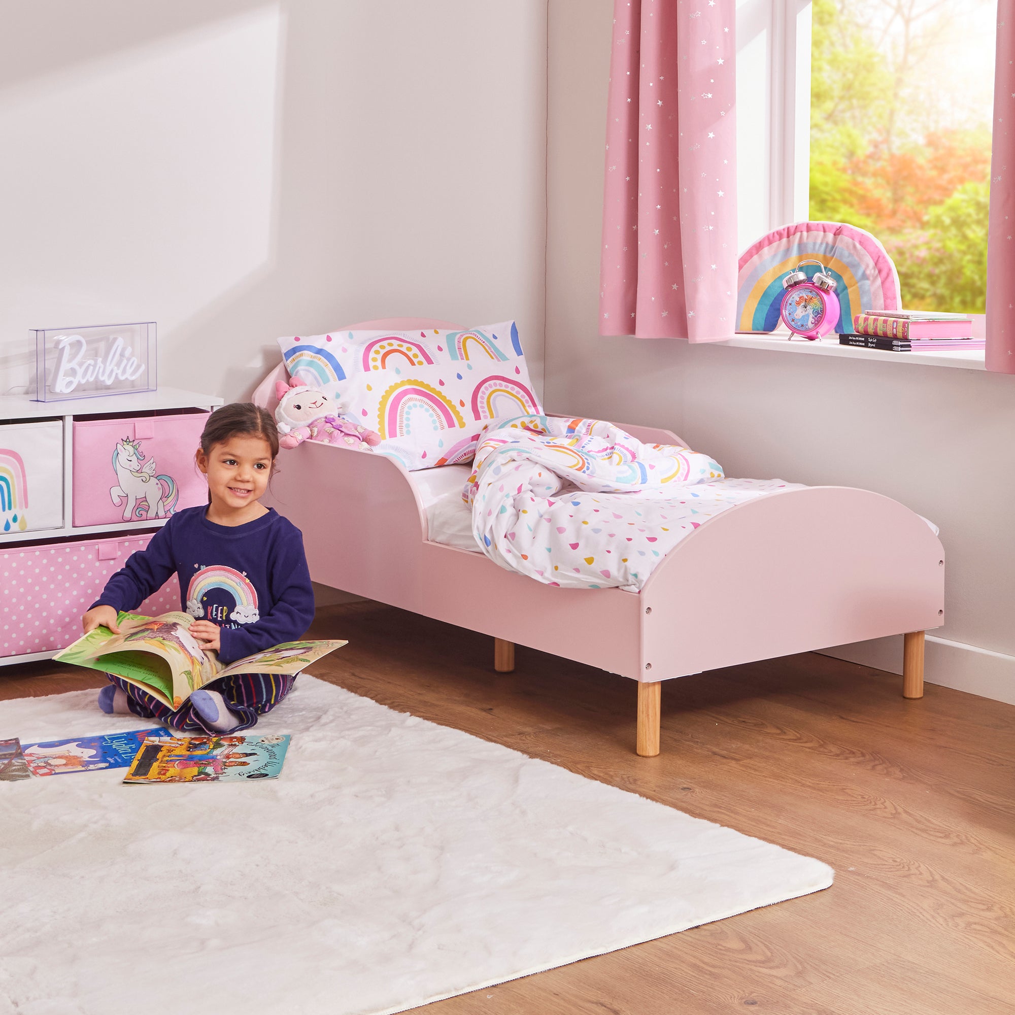 Kids Pink Toddler Bed with Safety Rails (18 Months – 5 Years)