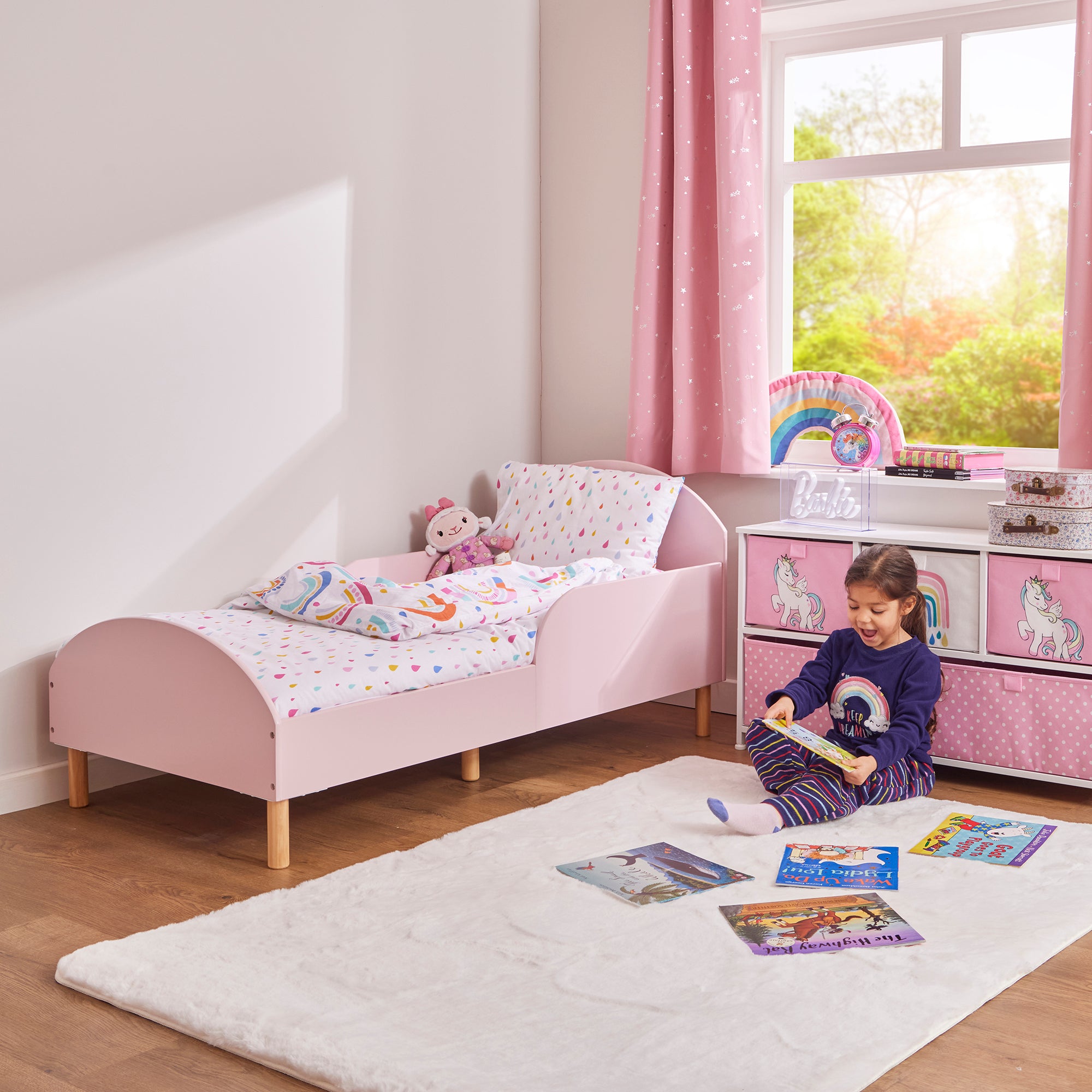 Kids Pink Toddler Bed with Safety Rails (18 Months – 5 Years)