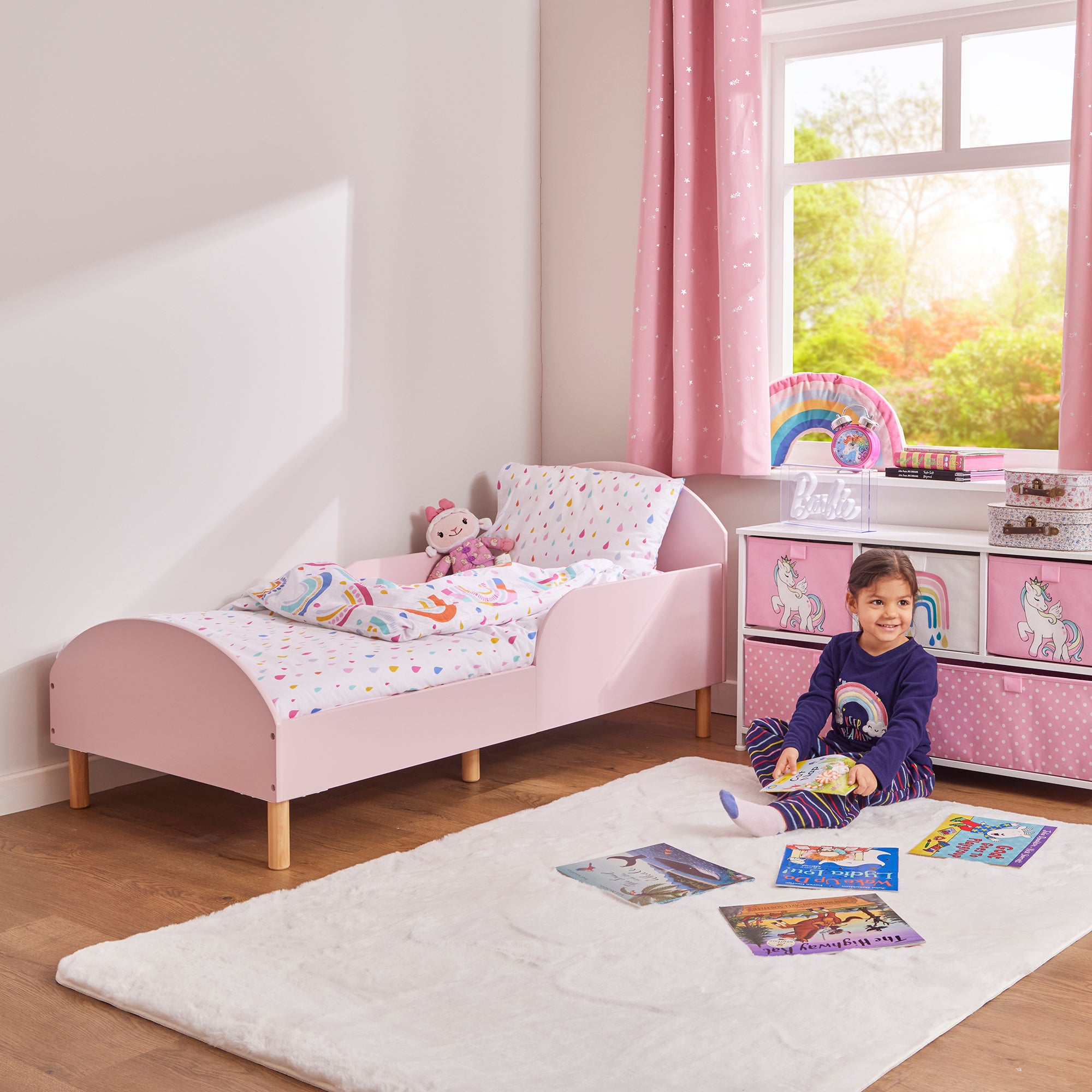Kids Pink Toddler Bed with Safety Rails (18 Months – 5 Years)