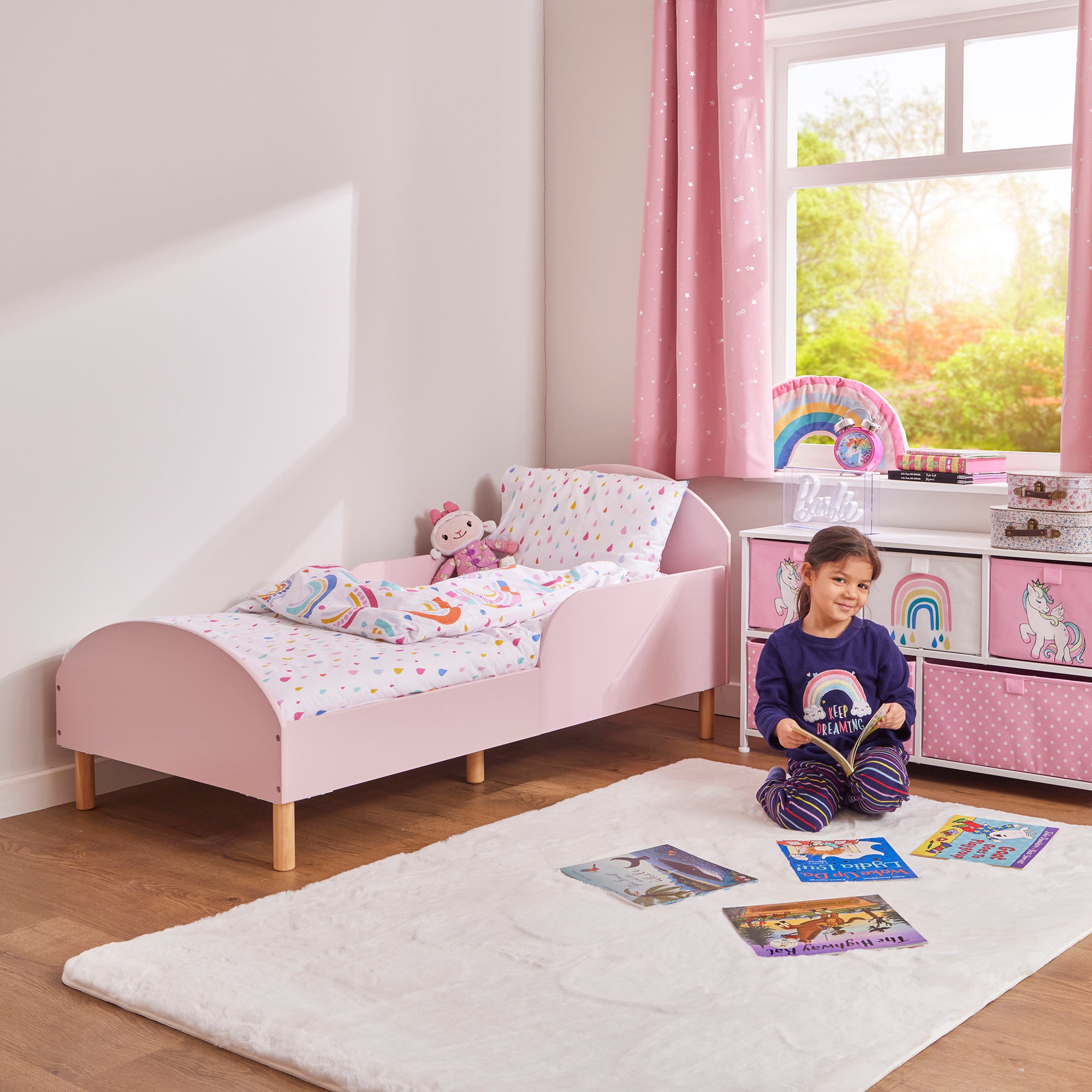 Kids Pink Toddler Bed with Safety Rails (18 Months – 5 Years)