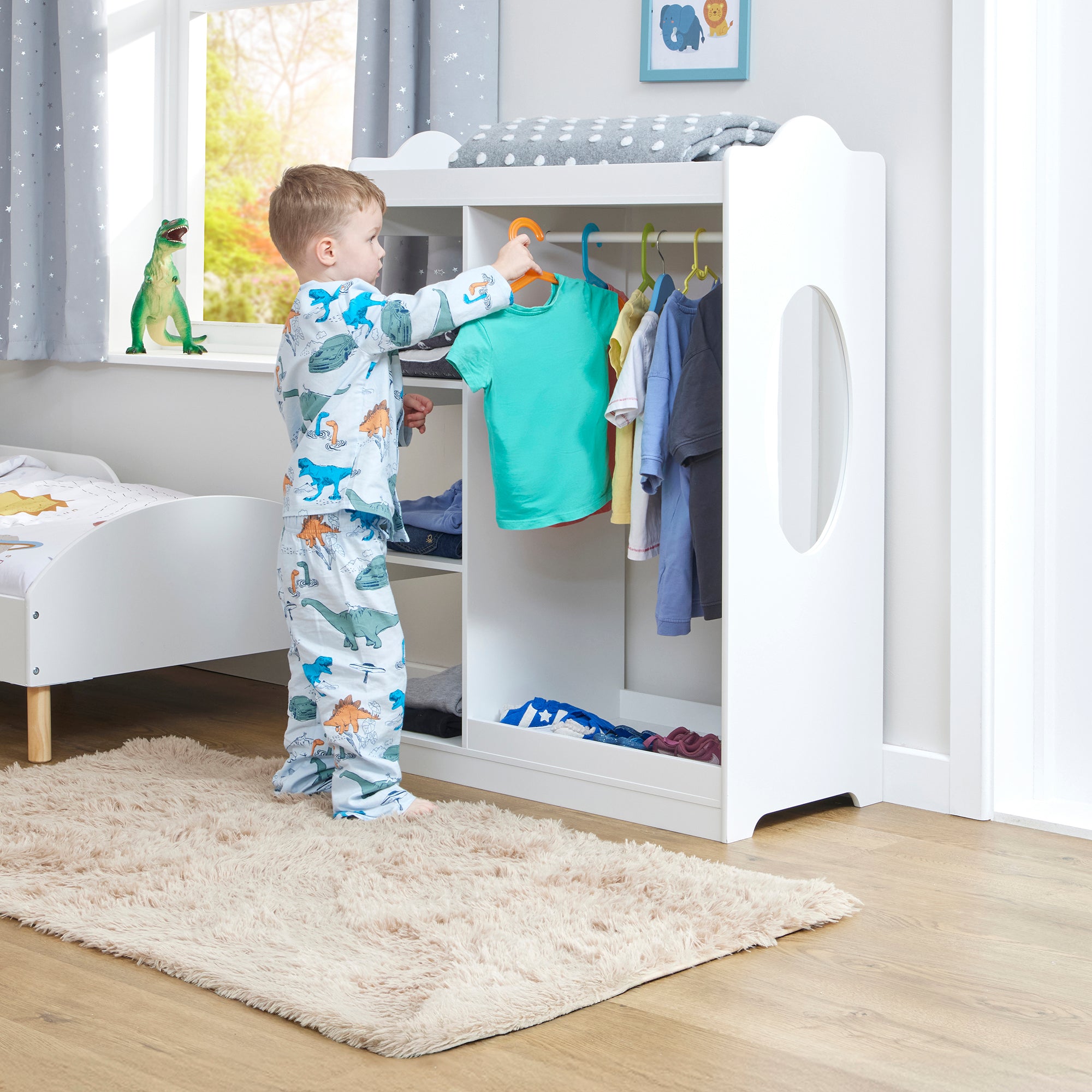 Kids Dressing Rail with Mirror – White Wooden Dress-Up Rail (Ages 3–7)