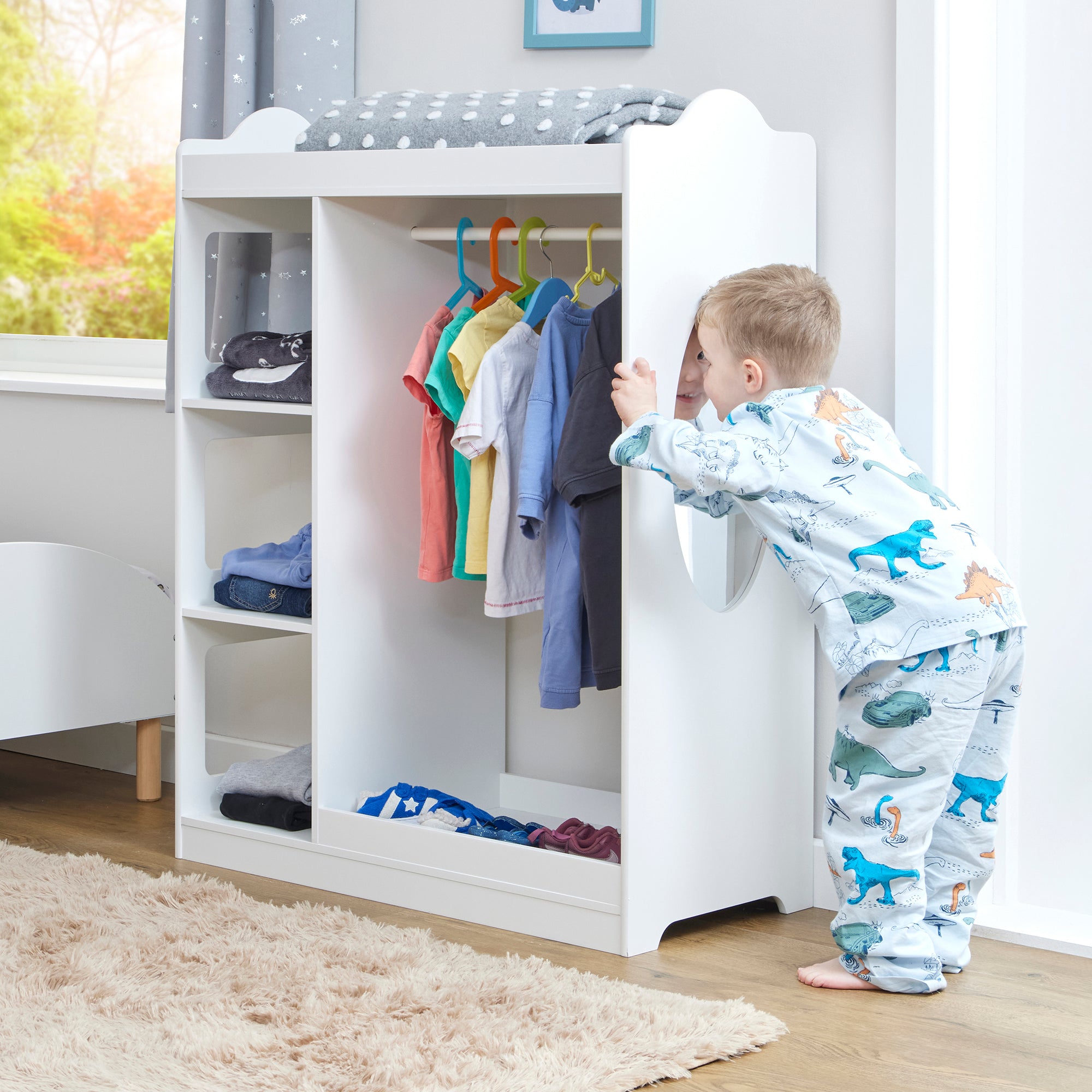 Kids Dressing Rail with Mirror – White Wooden Dress-Up Rail (Ages 3–7)