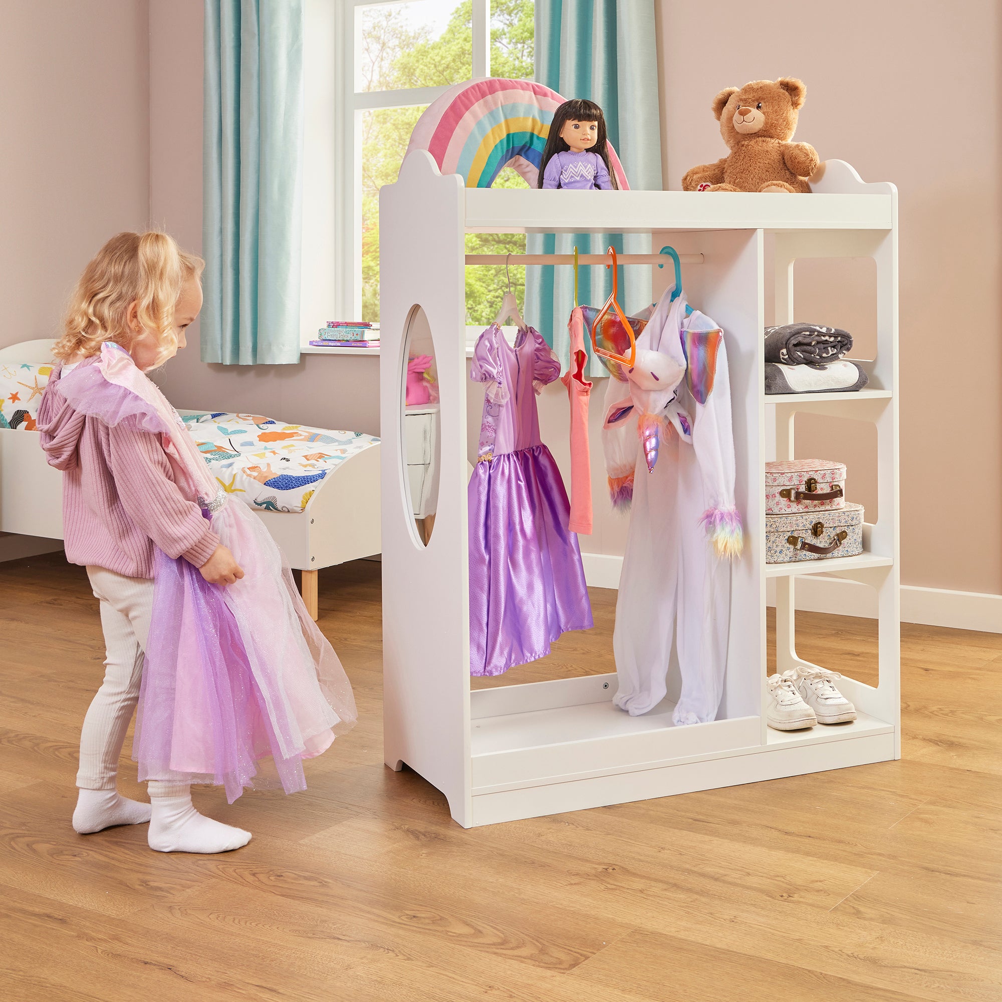 Kids Dressing Rail with Mirror – White Wooden Dress-Up Rail (Ages 3–7)