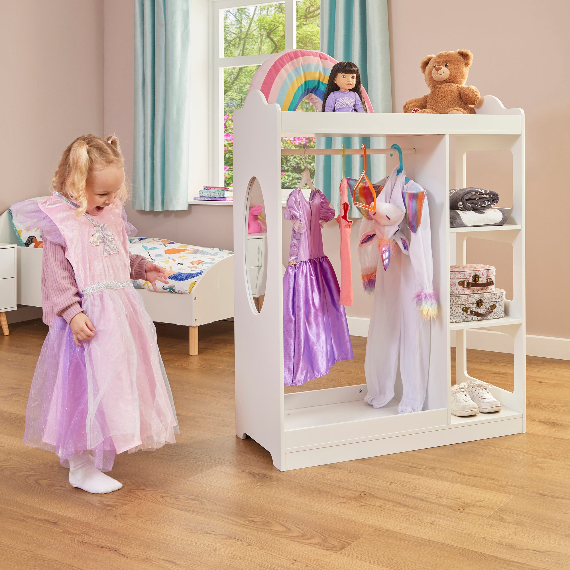 Kids Dressing Rail with Mirror – White Wooden Dress-Up Rail (Ages 3–7)