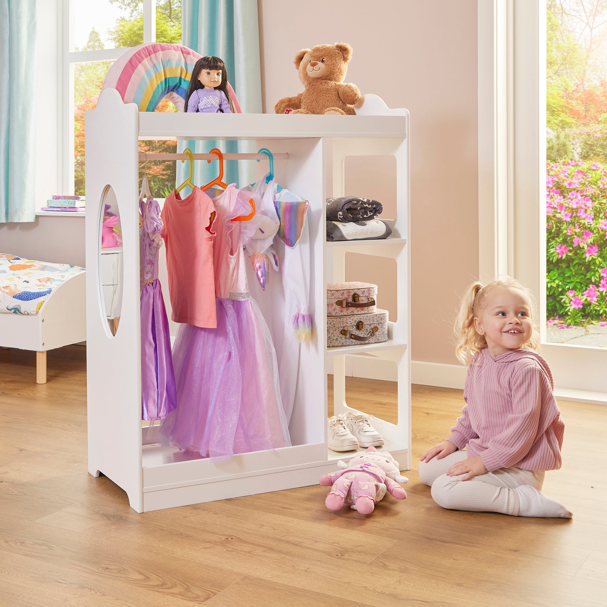 Kids Dressing Rail with Mirror – White Wooden Dress-Up Rail (Ages 3–7)