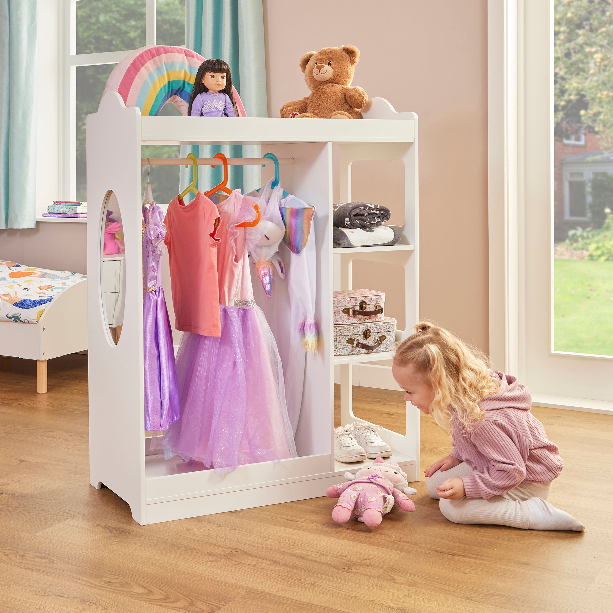 Kids Dressing Rail with Mirror – White Wooden Dress-Up Rail (Ages 3–7)