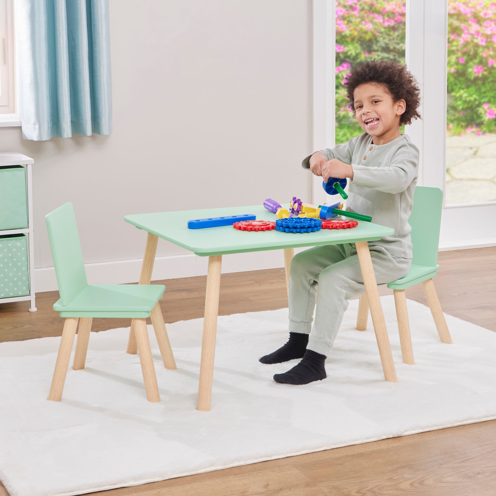 Kids Aqua Green & Pinewood Table & 2 Chairs Set (18 Months – 6 Years)