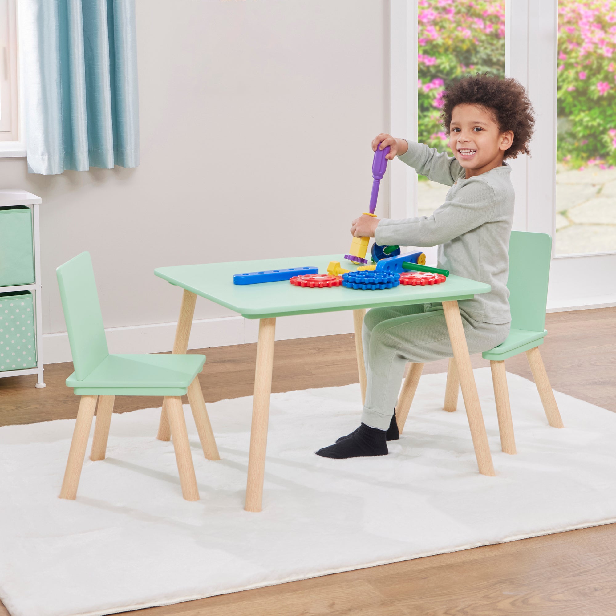 Kids Aqua Green & Pinewood Table & 2 Chairs Set (18 Months – 6 Years)
