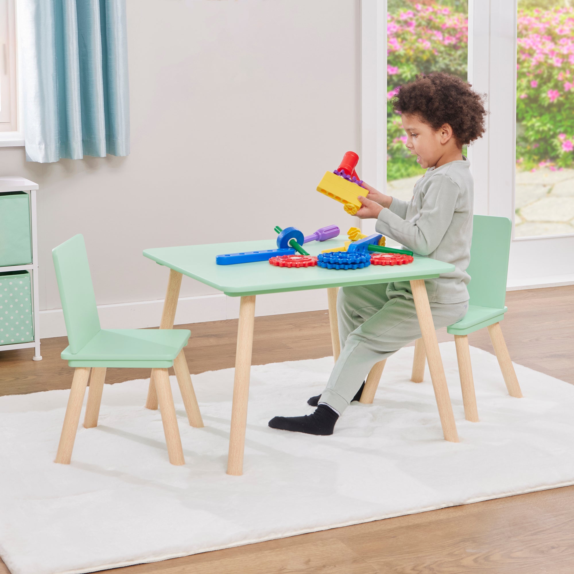 Kids Aqua Green & Pinewood Table & 2 Chairs Set (18 Months – 6 Years)