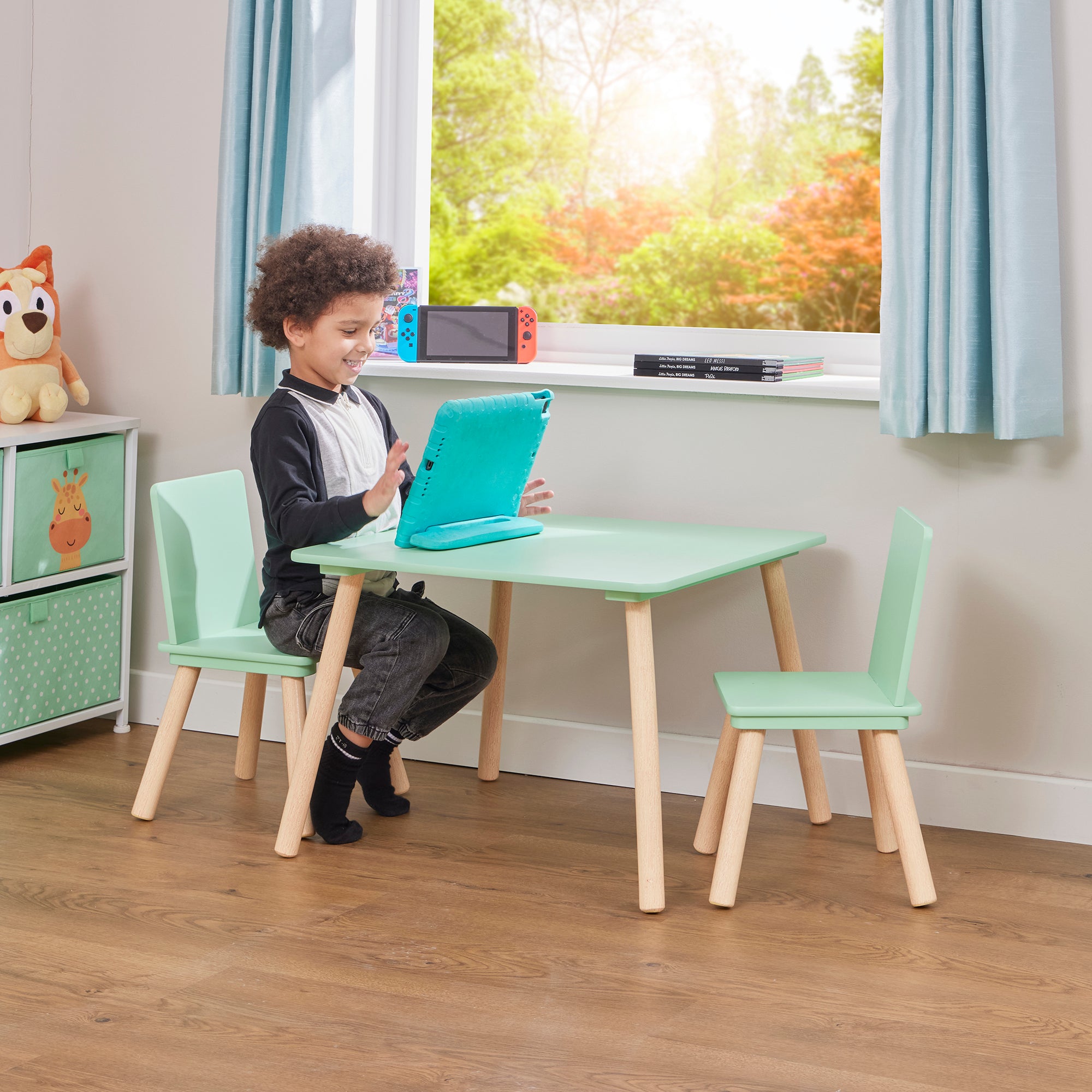 Kids Aqua Green & Pinewood Table & 2 Chairs Set (18 Months – 6 Years)
