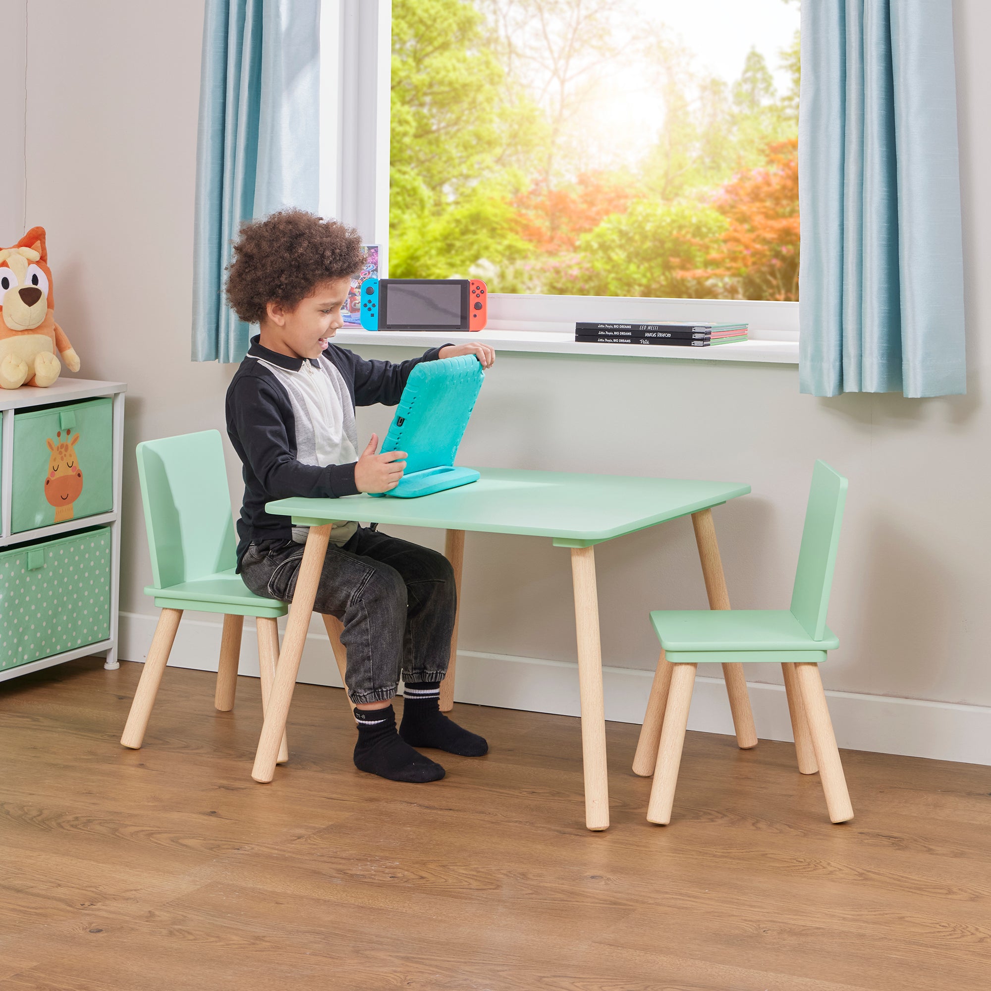 Kids Aqua Green & Pinewood Table & 2 Chairs Set (18 Months – 6 Years)