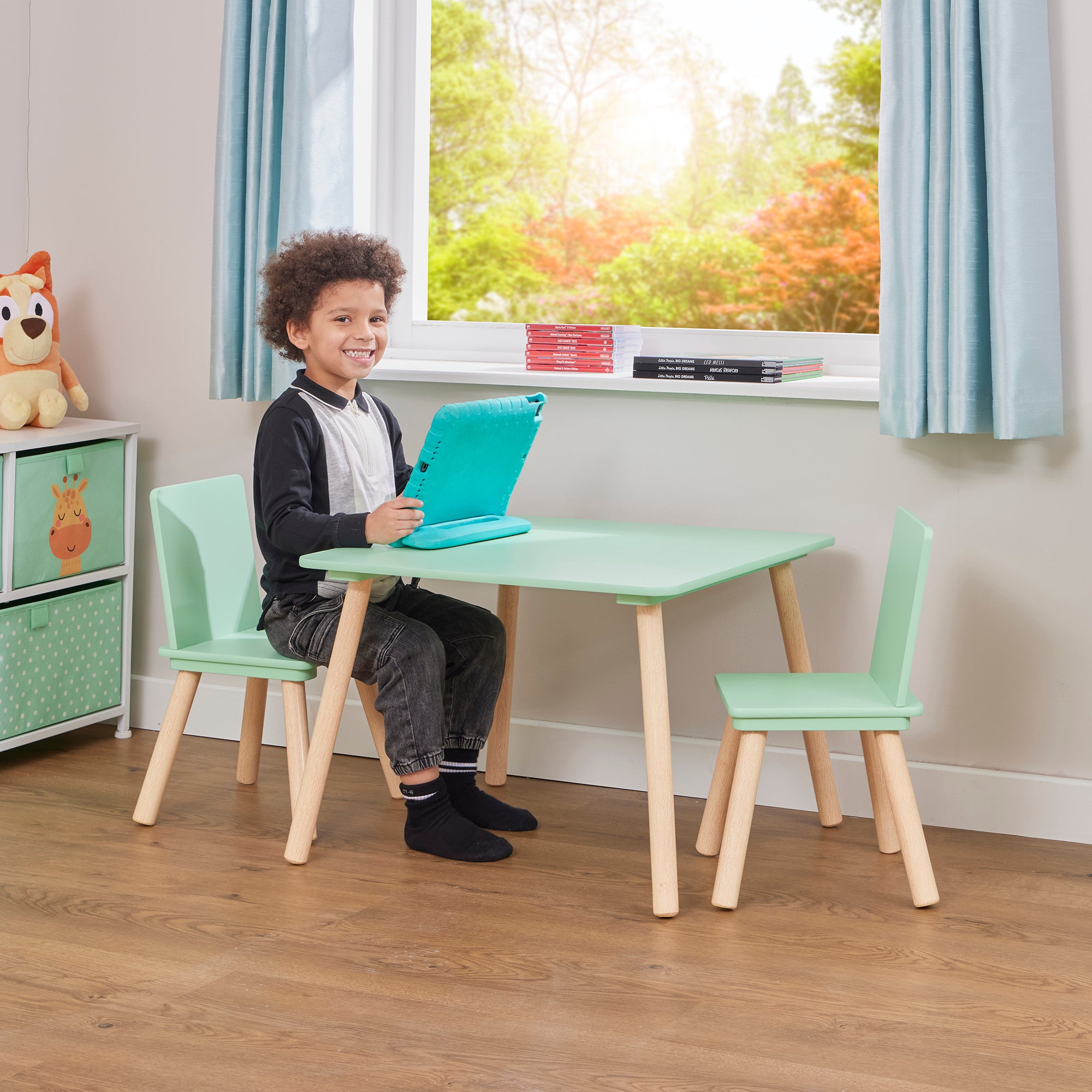 Kids Aqua Green & Pinewood Table & 2 Chairs Set (18 Months – 6 Years)