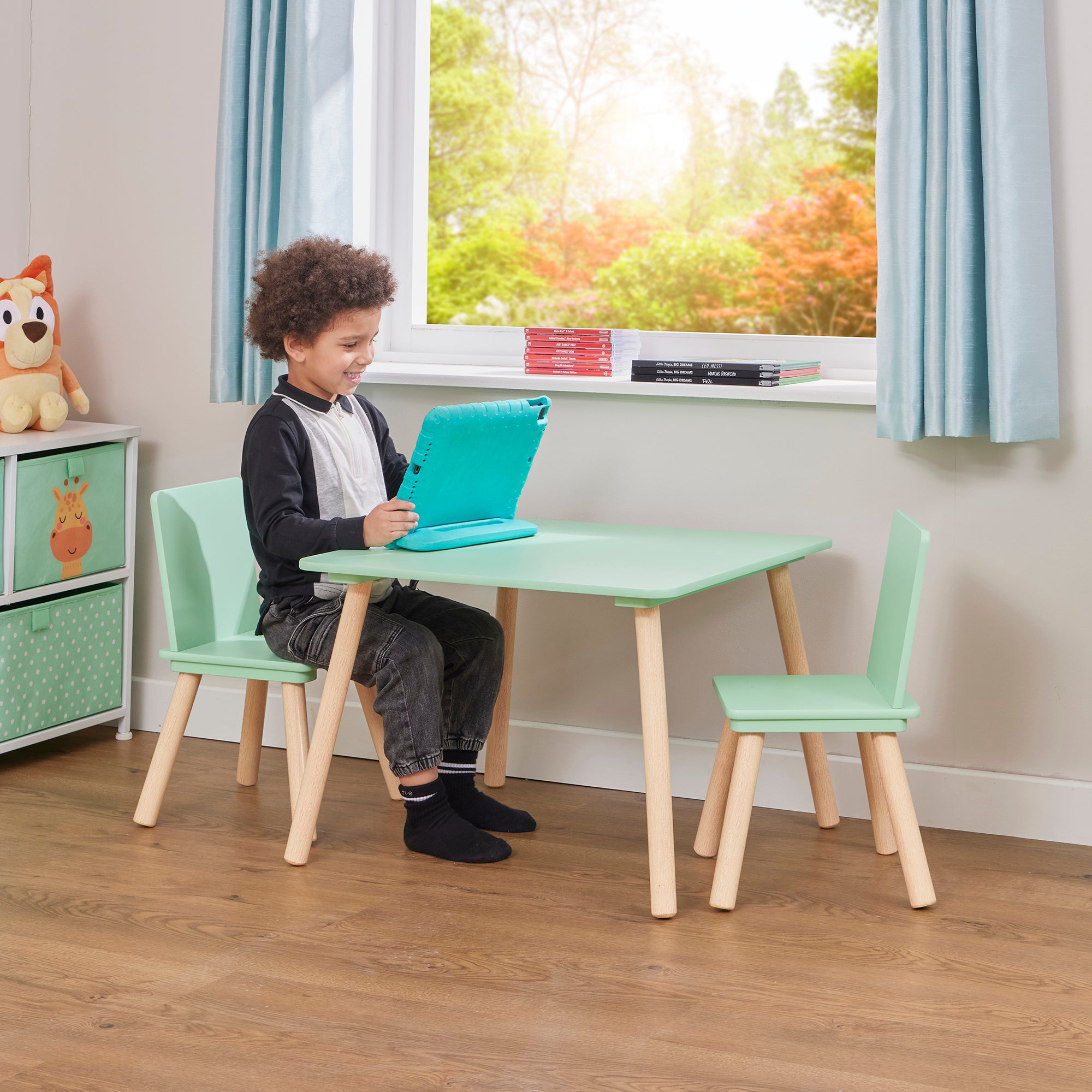 Kids Aqua Green & Pinewood Table & 2 Chairs Set (18 Months – 6 Years)