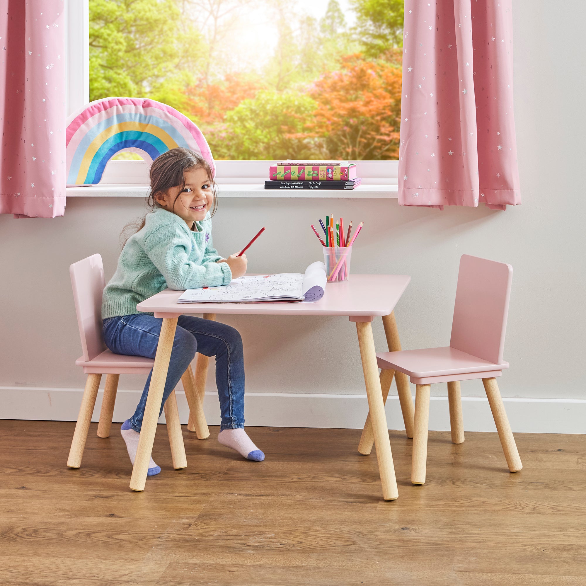 Kids Pink & Pinewood Table & 2 Chairs Set (18 Months – 6 Years)
