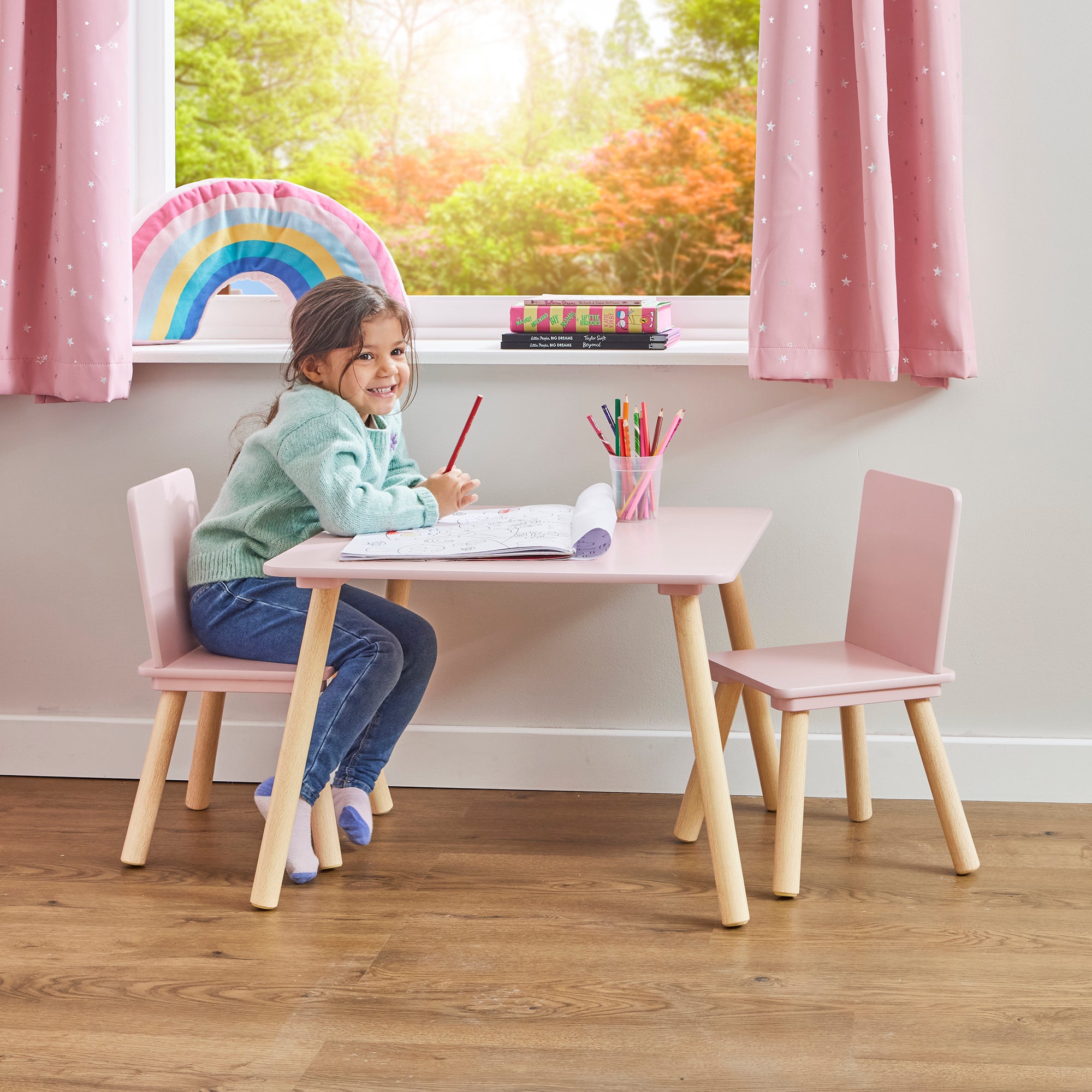 Kids Pink & Pinewood Table & 2 Chairs Set (18 Months – 6 Years)