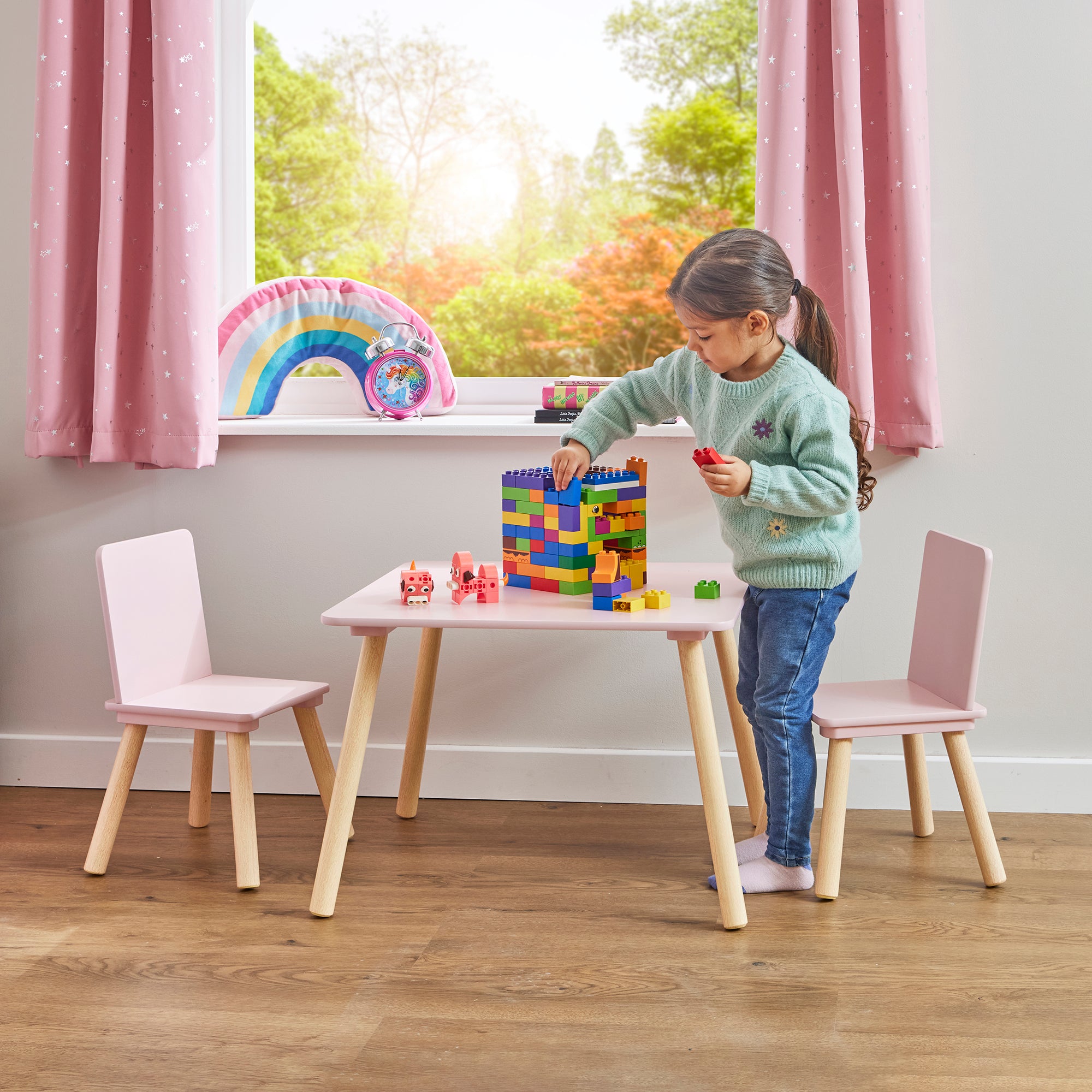Kids Pink & Pinewood Table & 2 Chairs Set (18 Months – 6 Years)