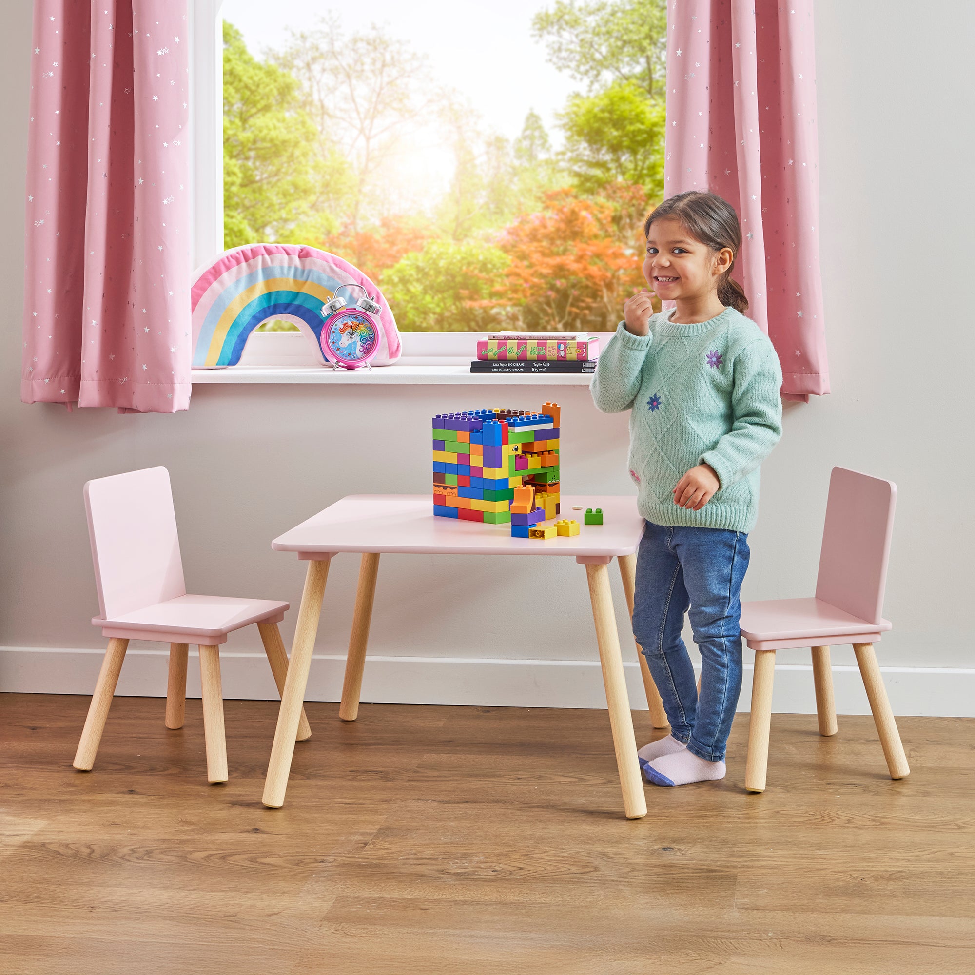 Kids Pink & Pinewood Table & 2 Chairs Set (18 Months – 6 Years)