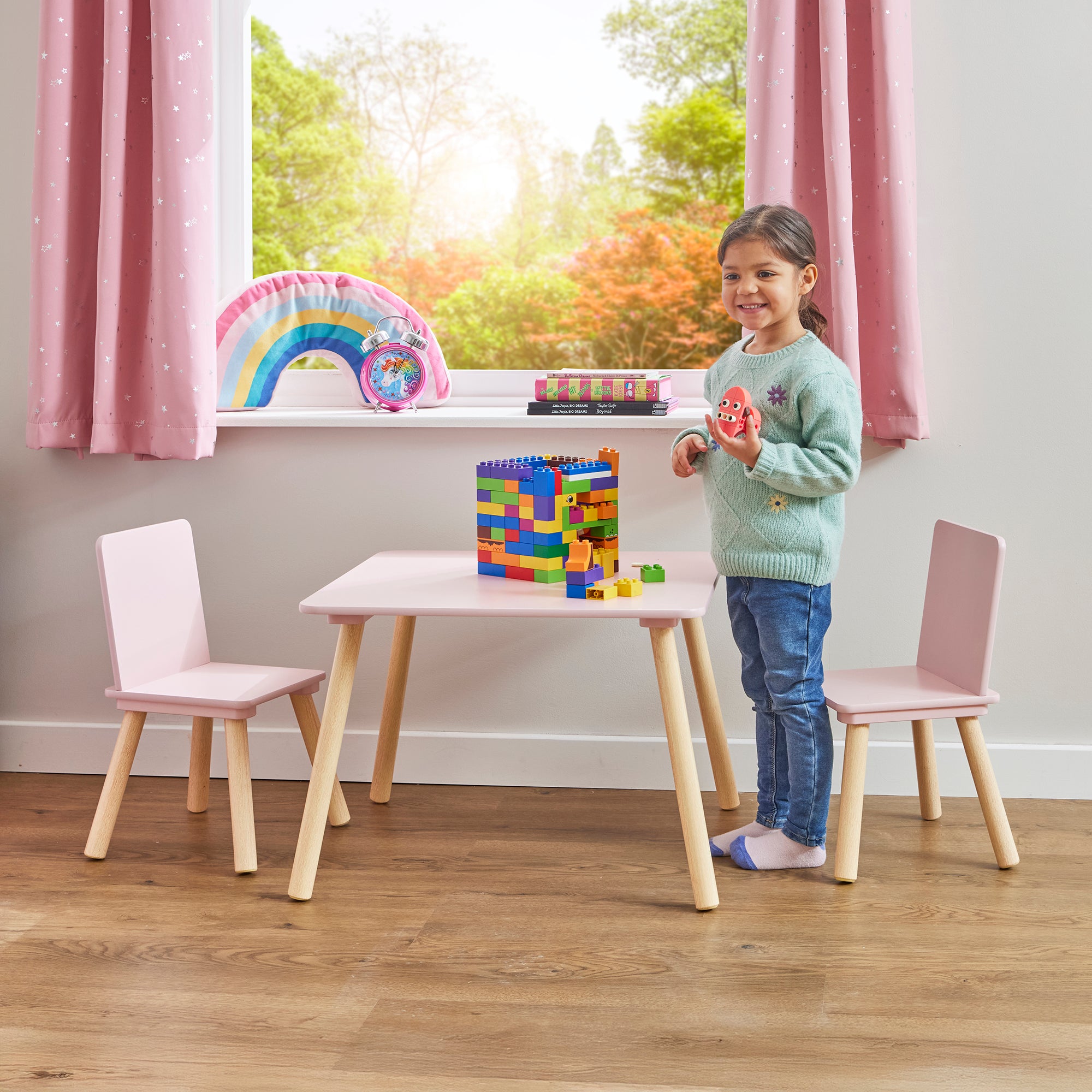 Kids Pink & Pinewood Table & 2 Chairs Set (18 Months – 6 Years)