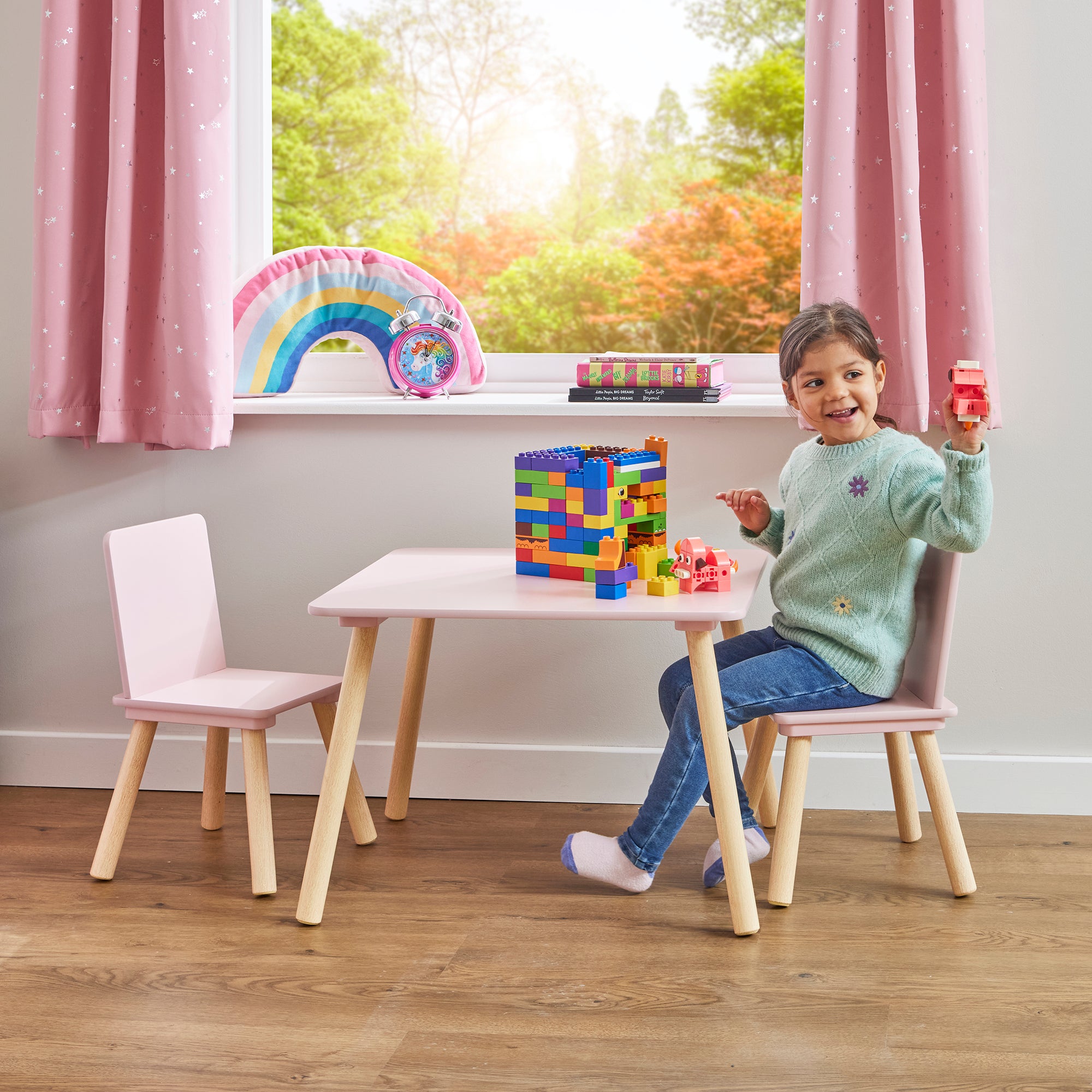 Kids Pink & Pinewood Table & 2 Chairs Set (18 Months – 6 Years)