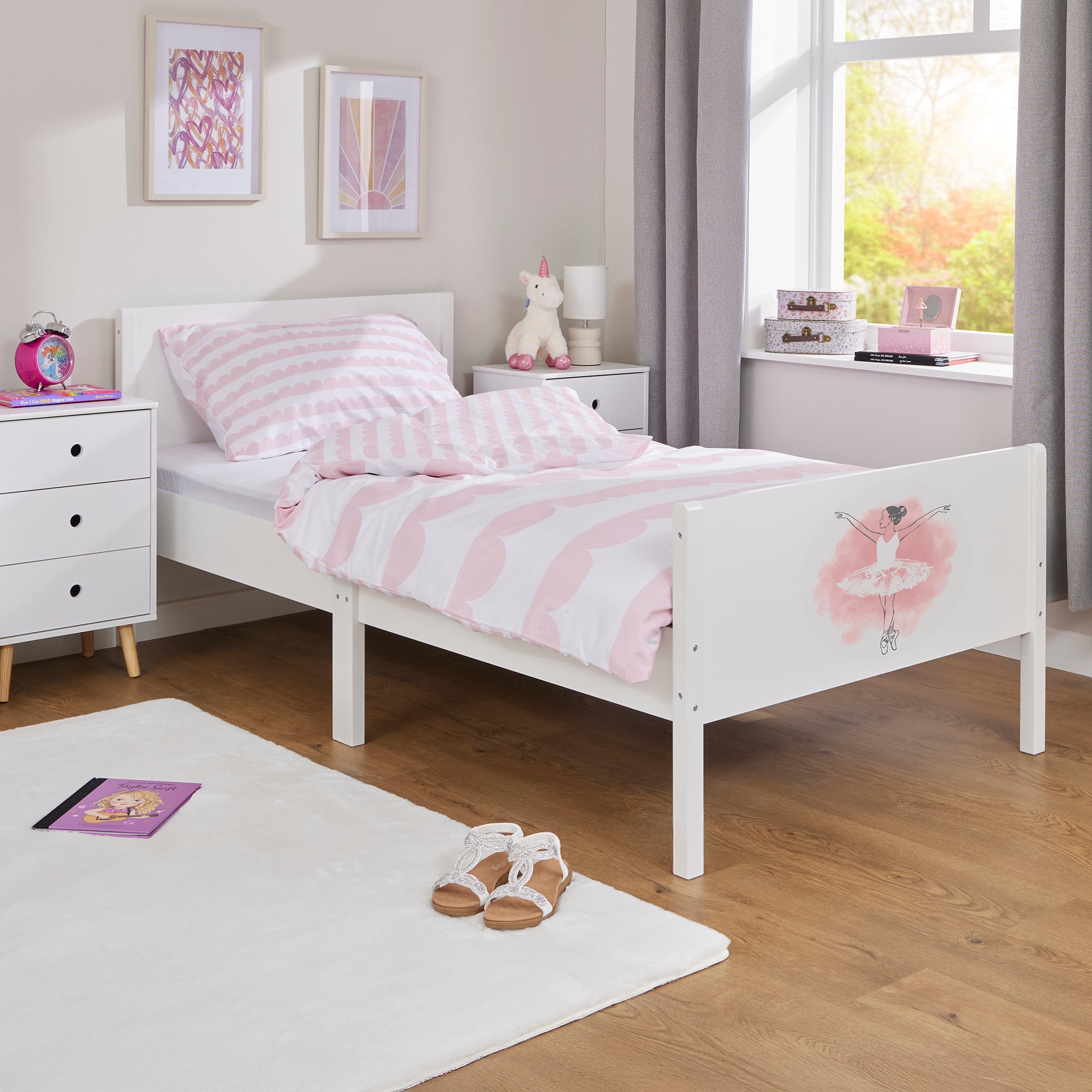 Kids White Single Bed with Ballerina Decal (Ages 4+)