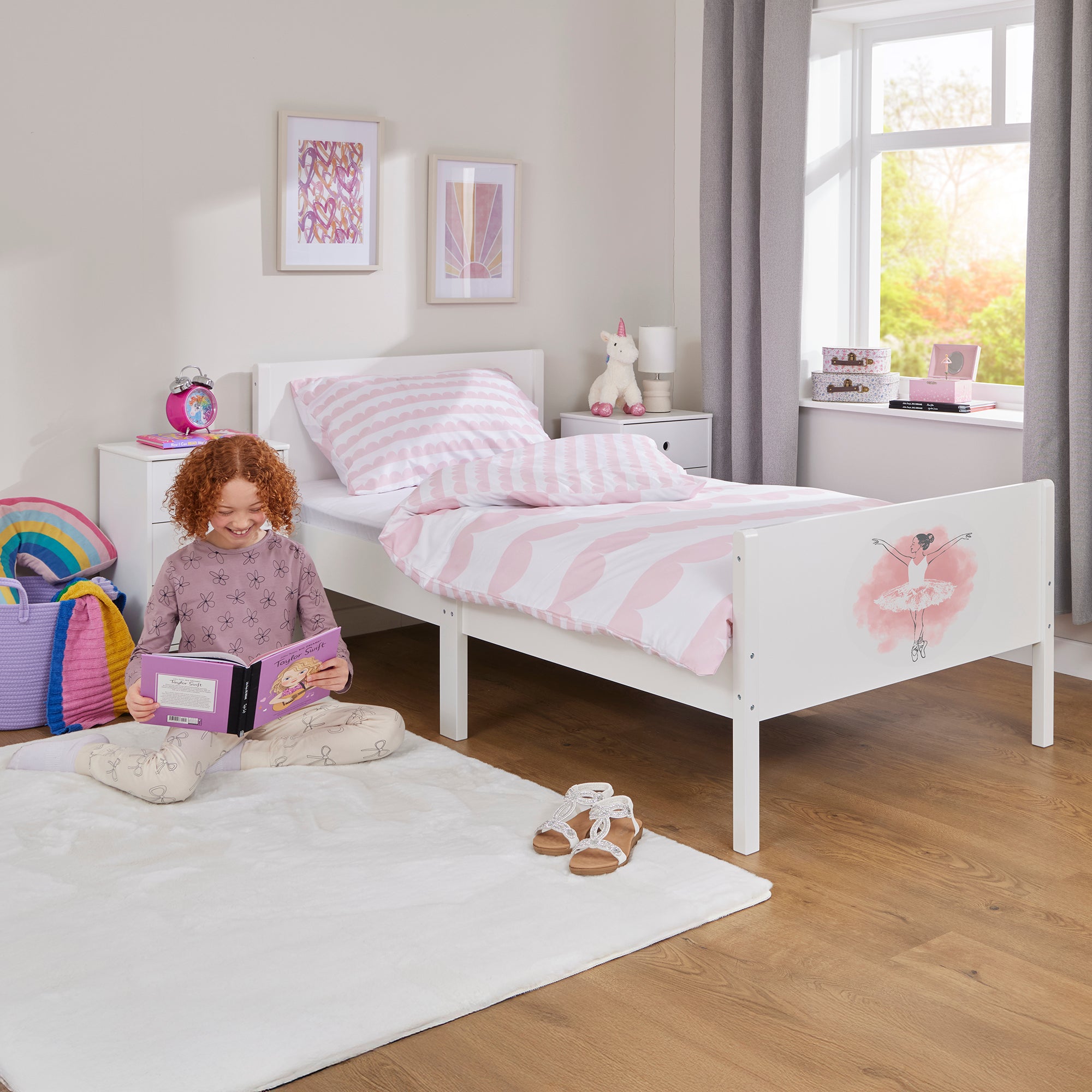 Kids White Single Bed with Ballerina Decal (Ages 4+)
