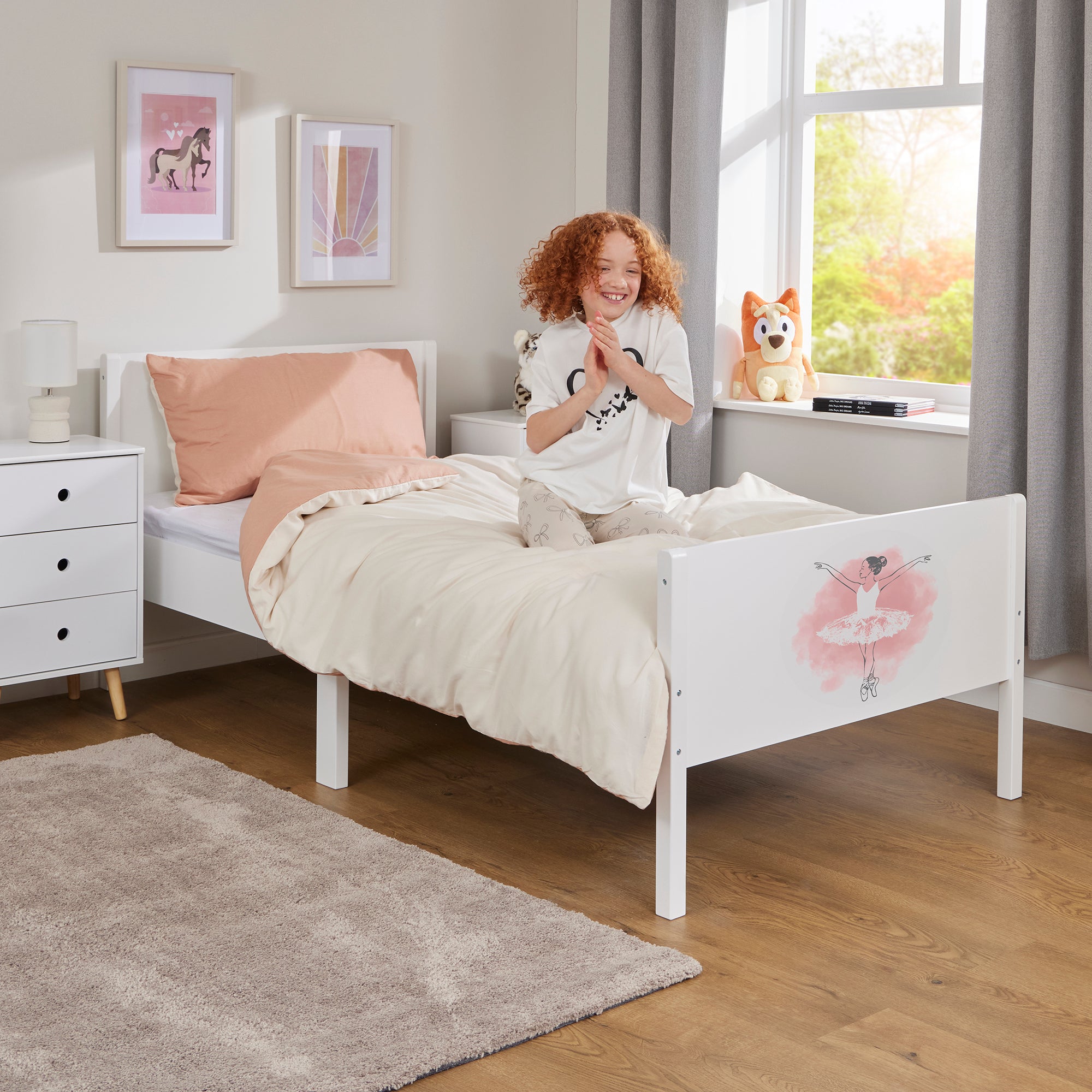 Kids White Single Bed with Ballerina Decal (Ages 4+)