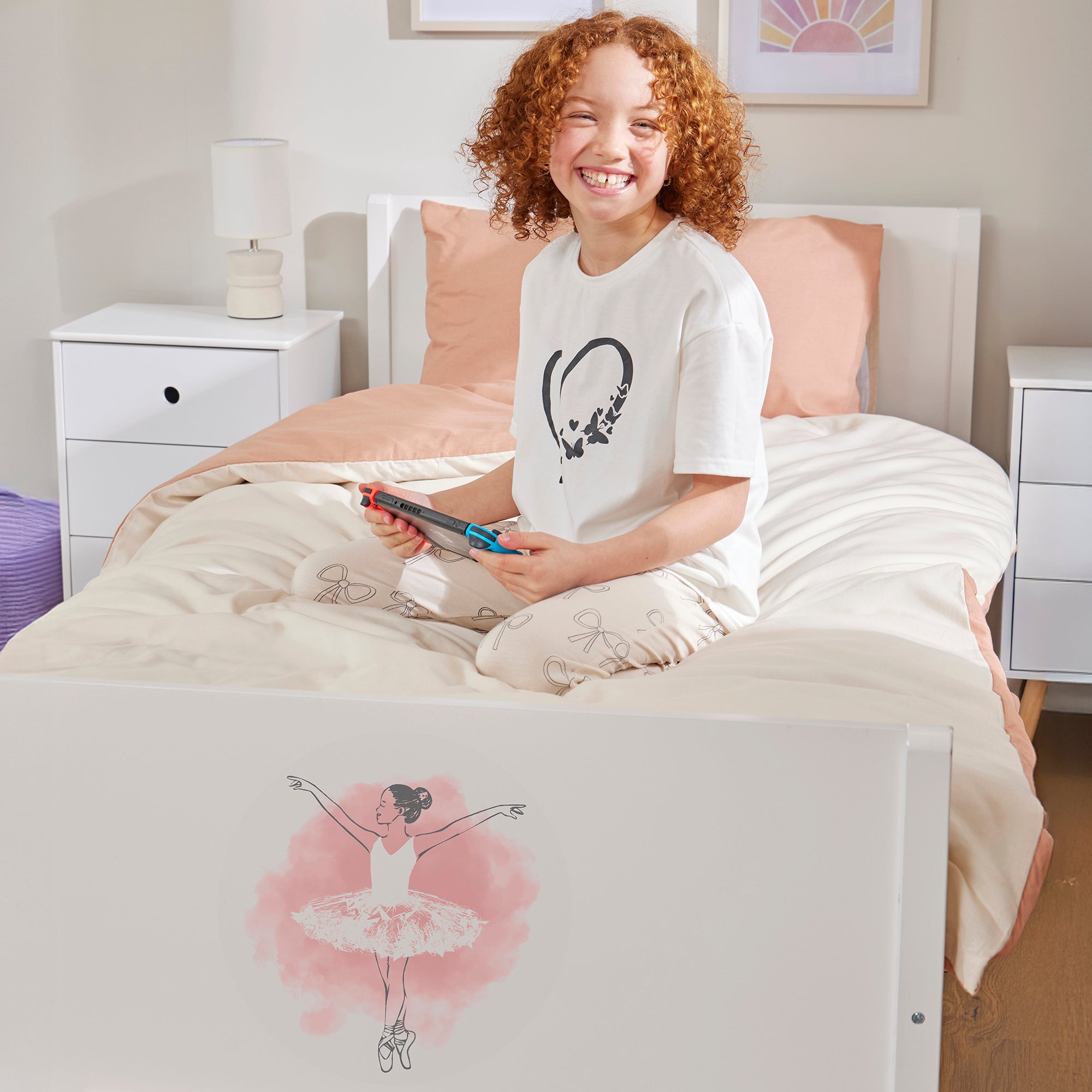 Kids White Single Bed with Ballerina Decal (Ages 4+)