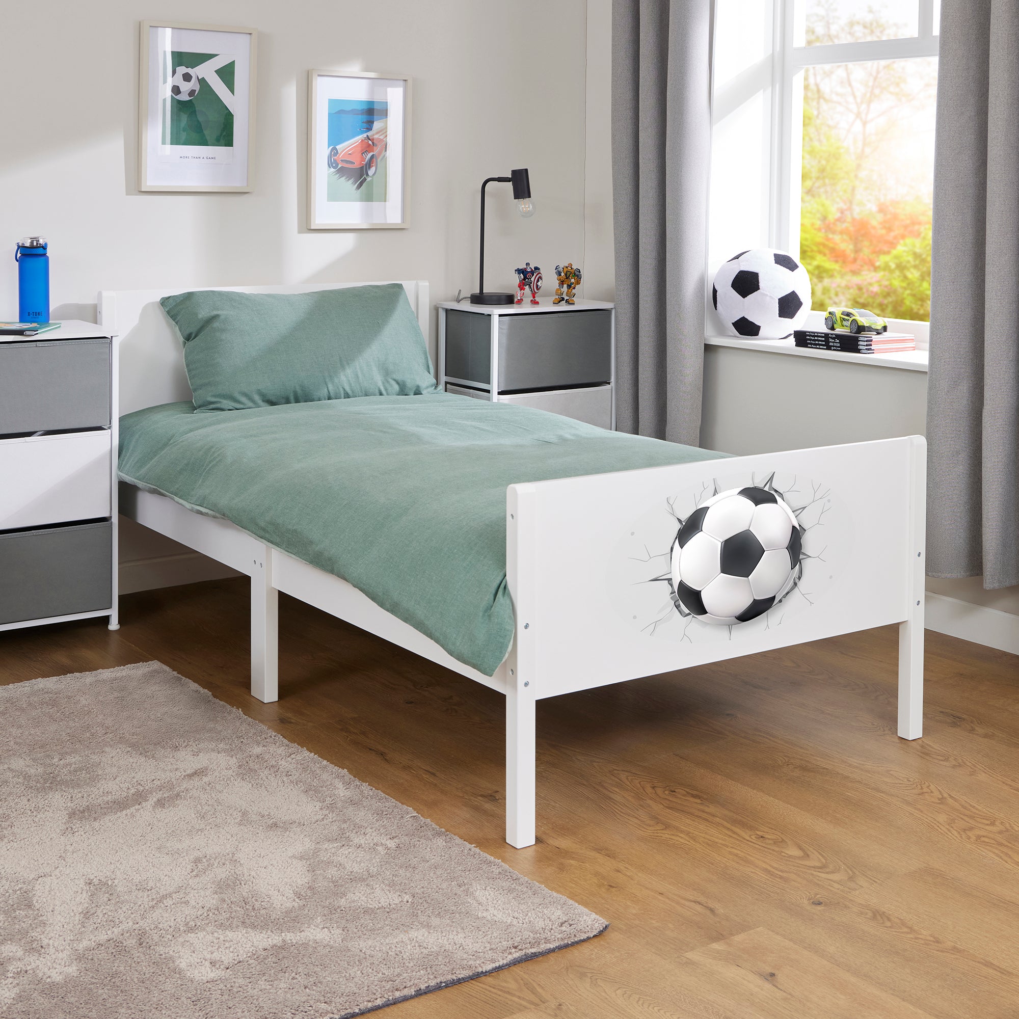Kids White Single Bed with Football Decal (Ages 4+)
