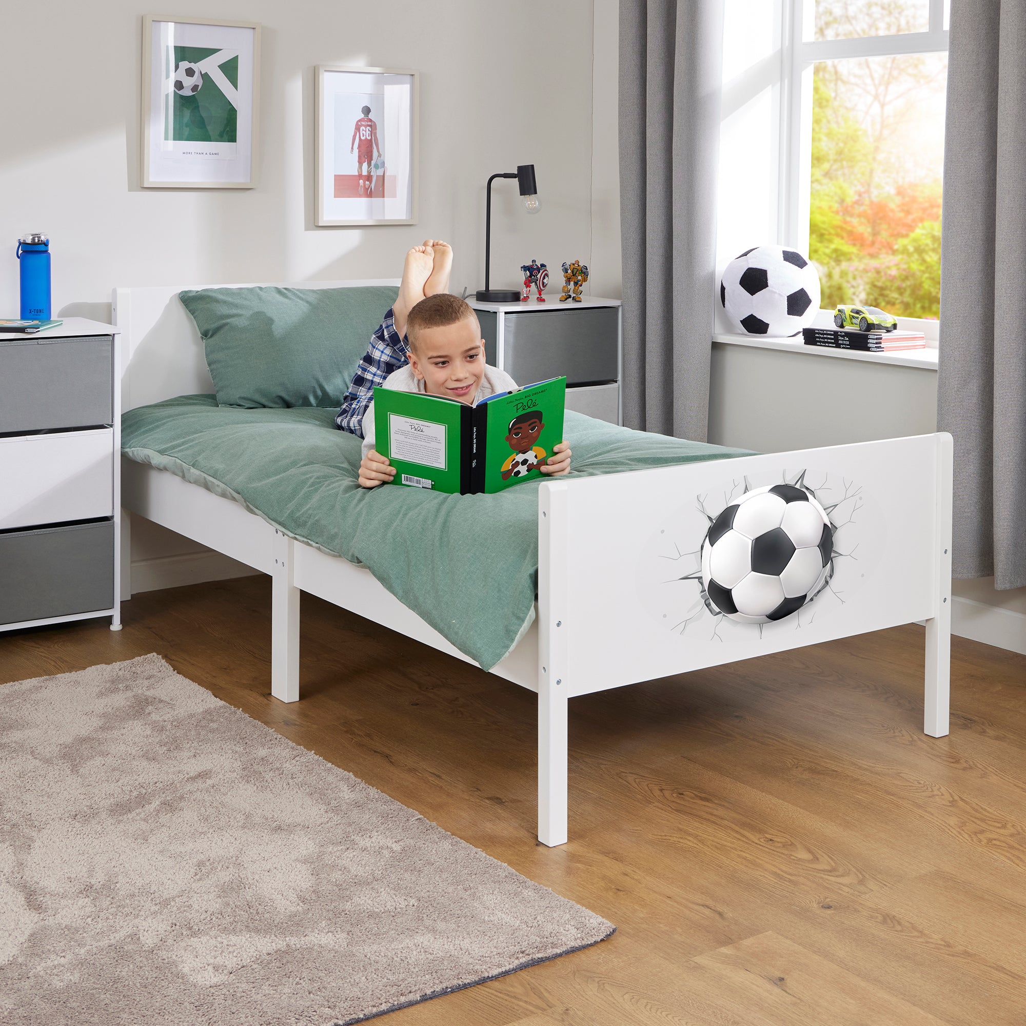 Kids White Single Bed with Football Decal (Ages 4+)