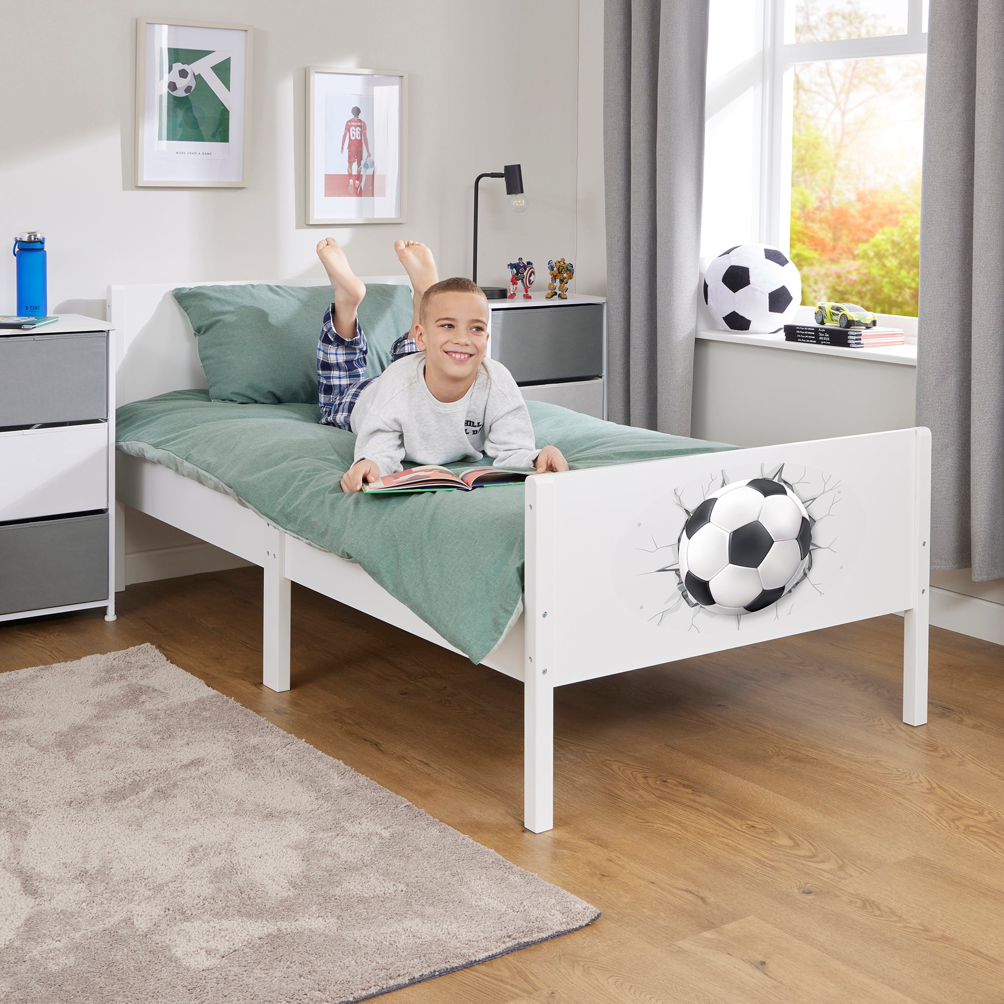 Kids White Single Bed with Football Decal (Ages 4+)
