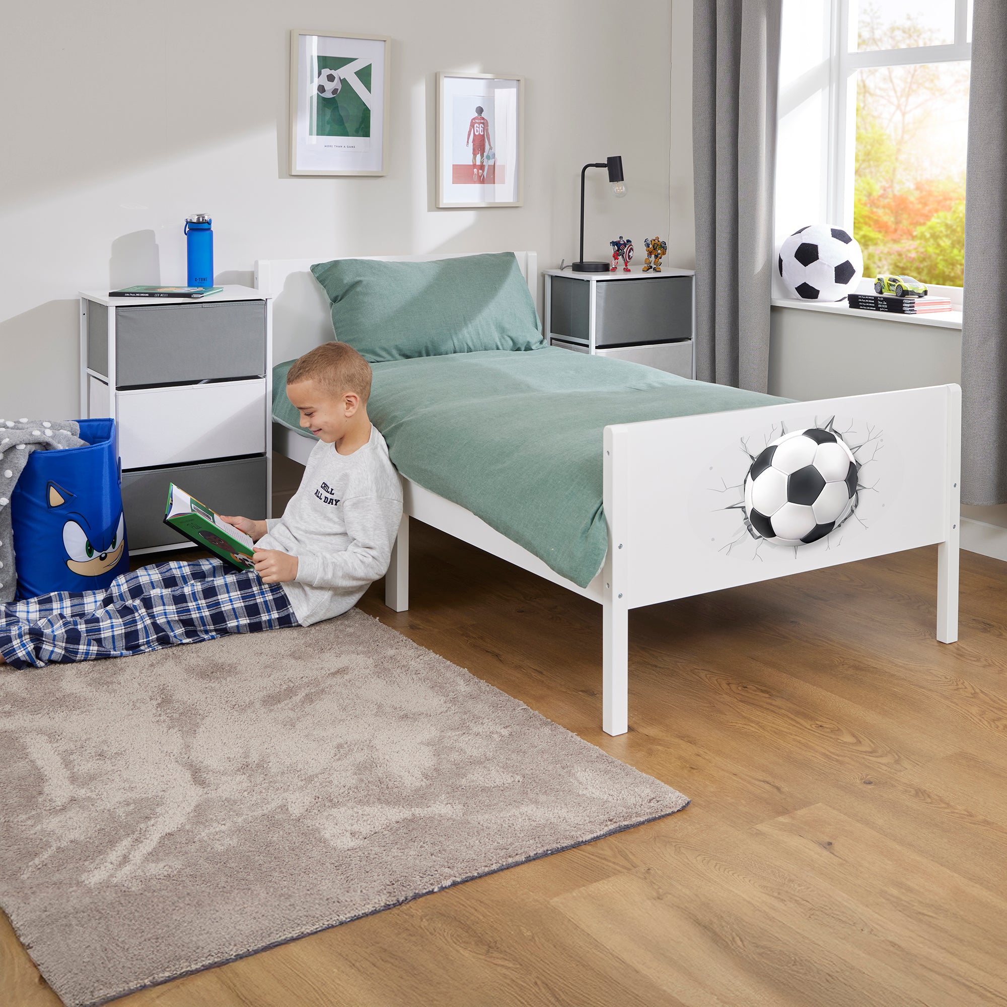 Kids White Single Bed with Football Decal (Ages 4+)