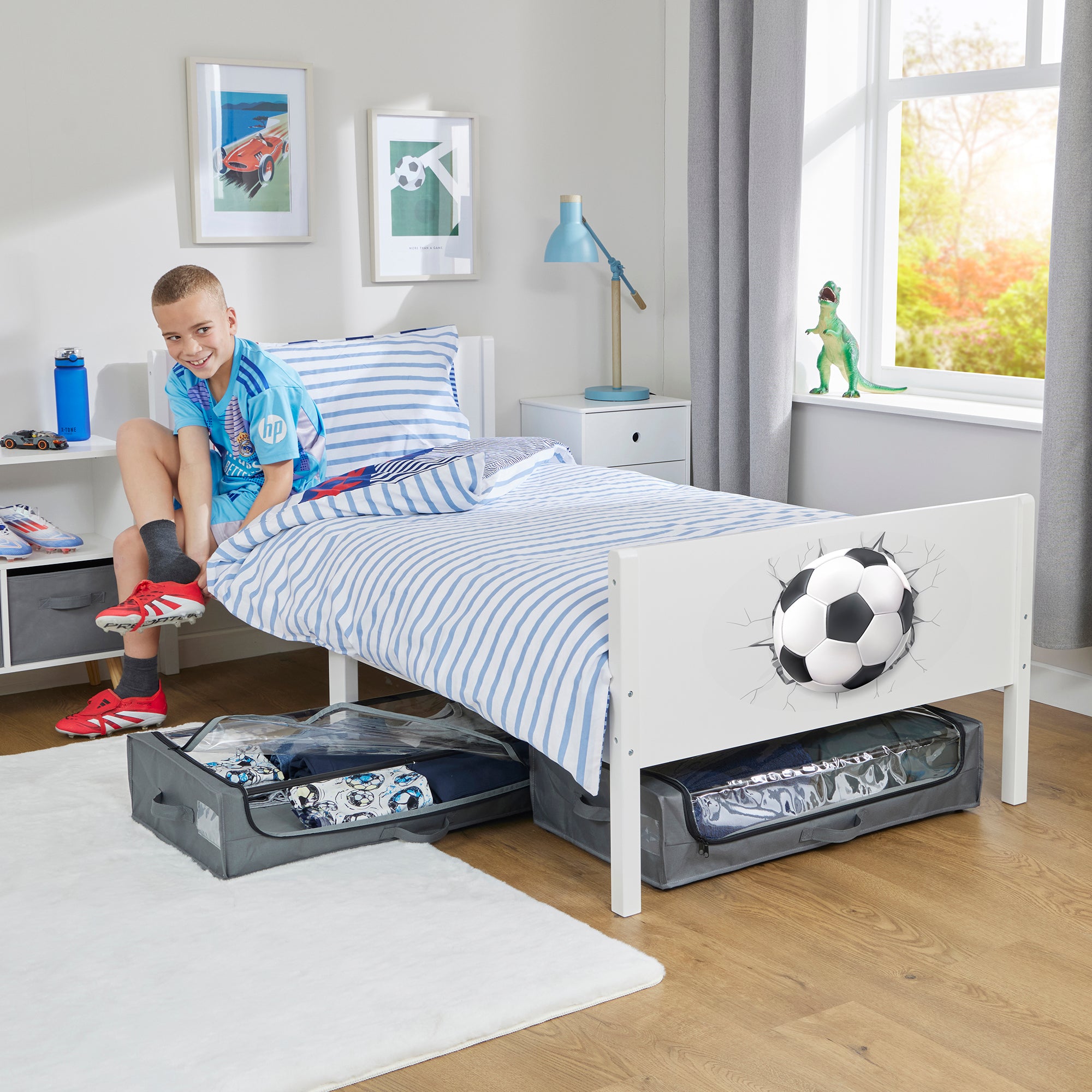 Kids White Single Bed with Football Decal (Ages 4+)