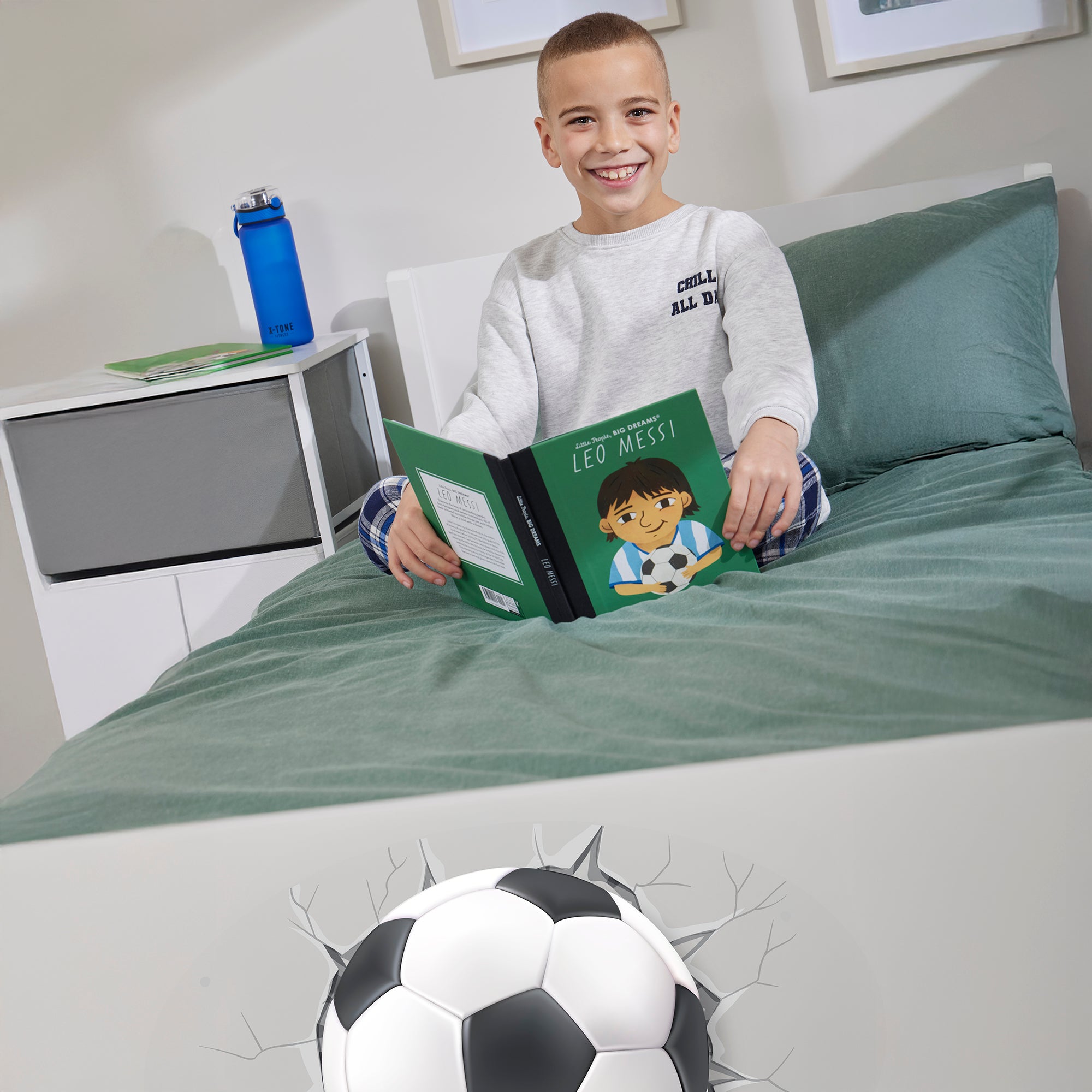 Kids White Single Bed with Football Decal (Ages 4+)